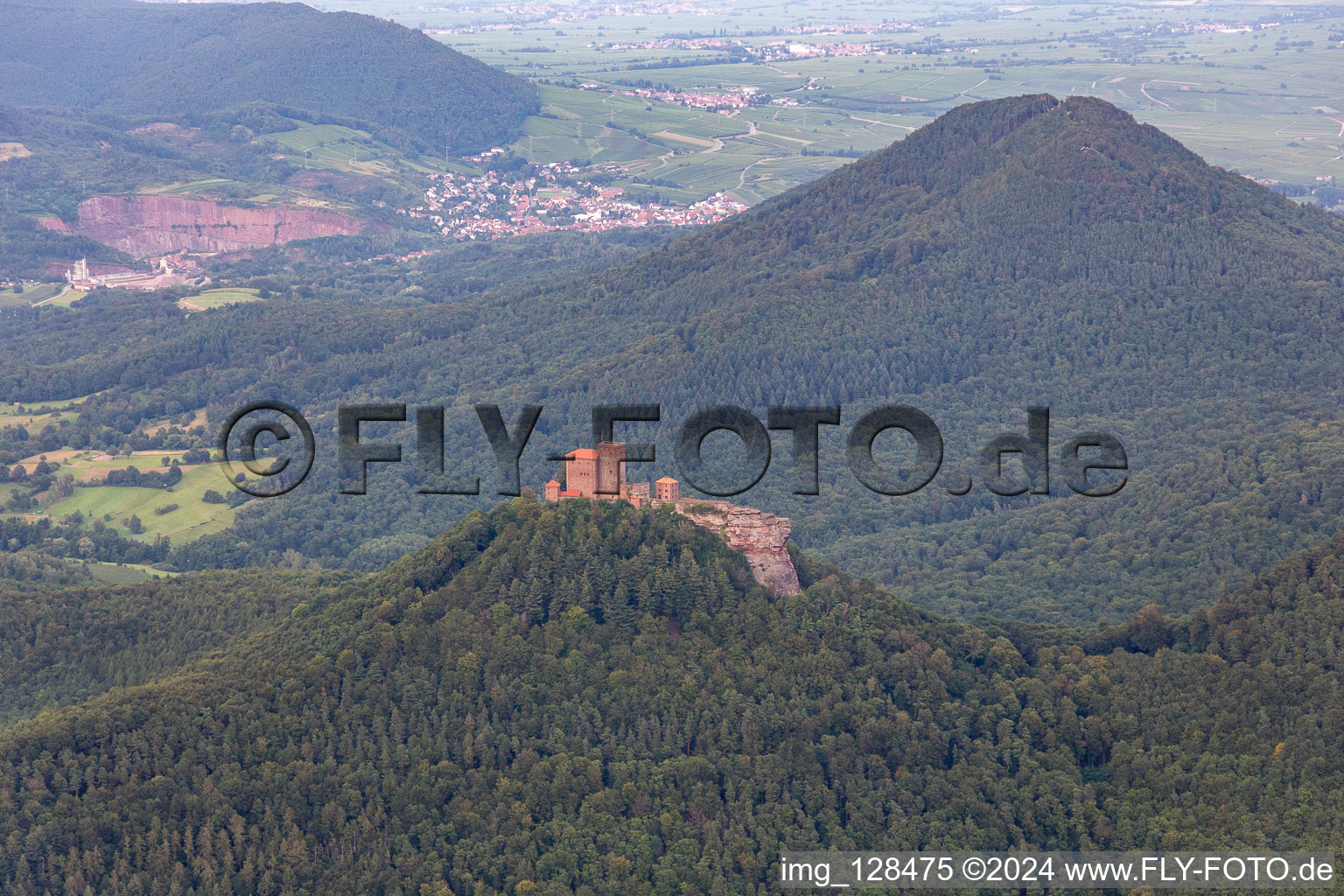 Trifels Castle in the district Bindersbach in Annweiler am Trifels in the state Rhineland-Palatinate, Germany from above