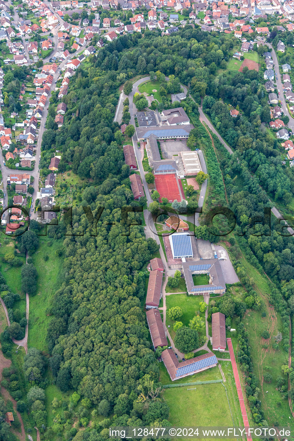 School building and sports field of the Trifels-Gymnasium in Annweiler am Trifels in the state Rhineland-Palatinate, Germany