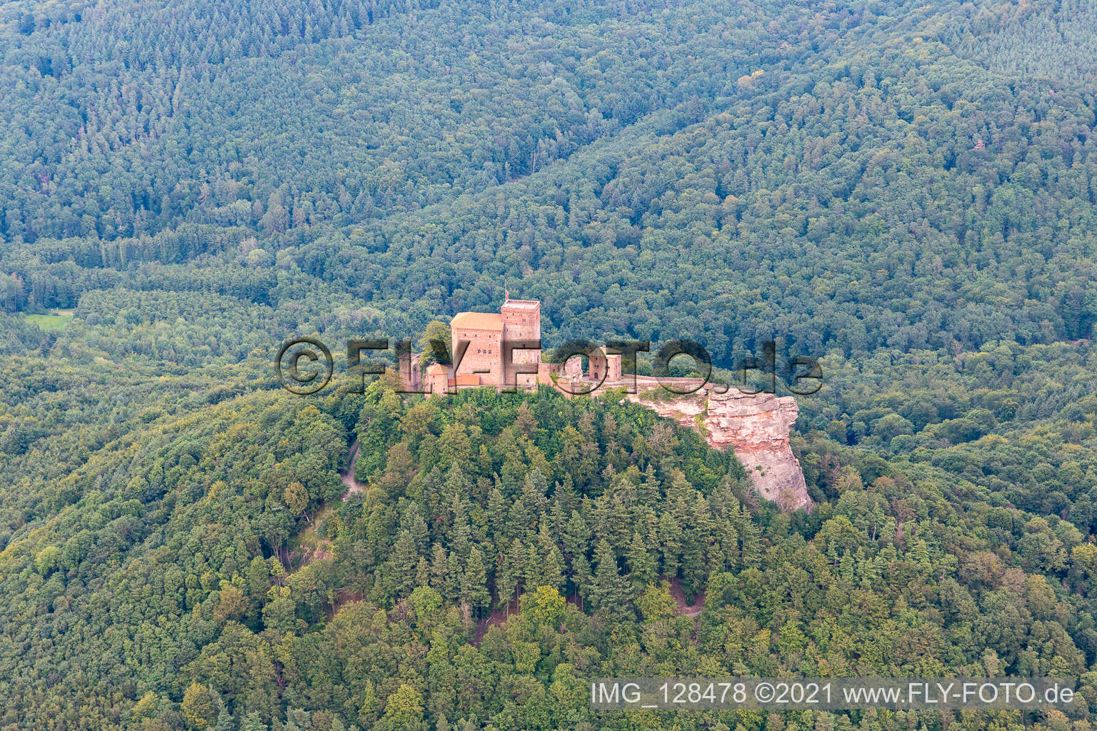 Trifels Castle in the district Bindersbach in Annweiler am Trifels in the state Rhineland-Palatinate, Germany out of the air