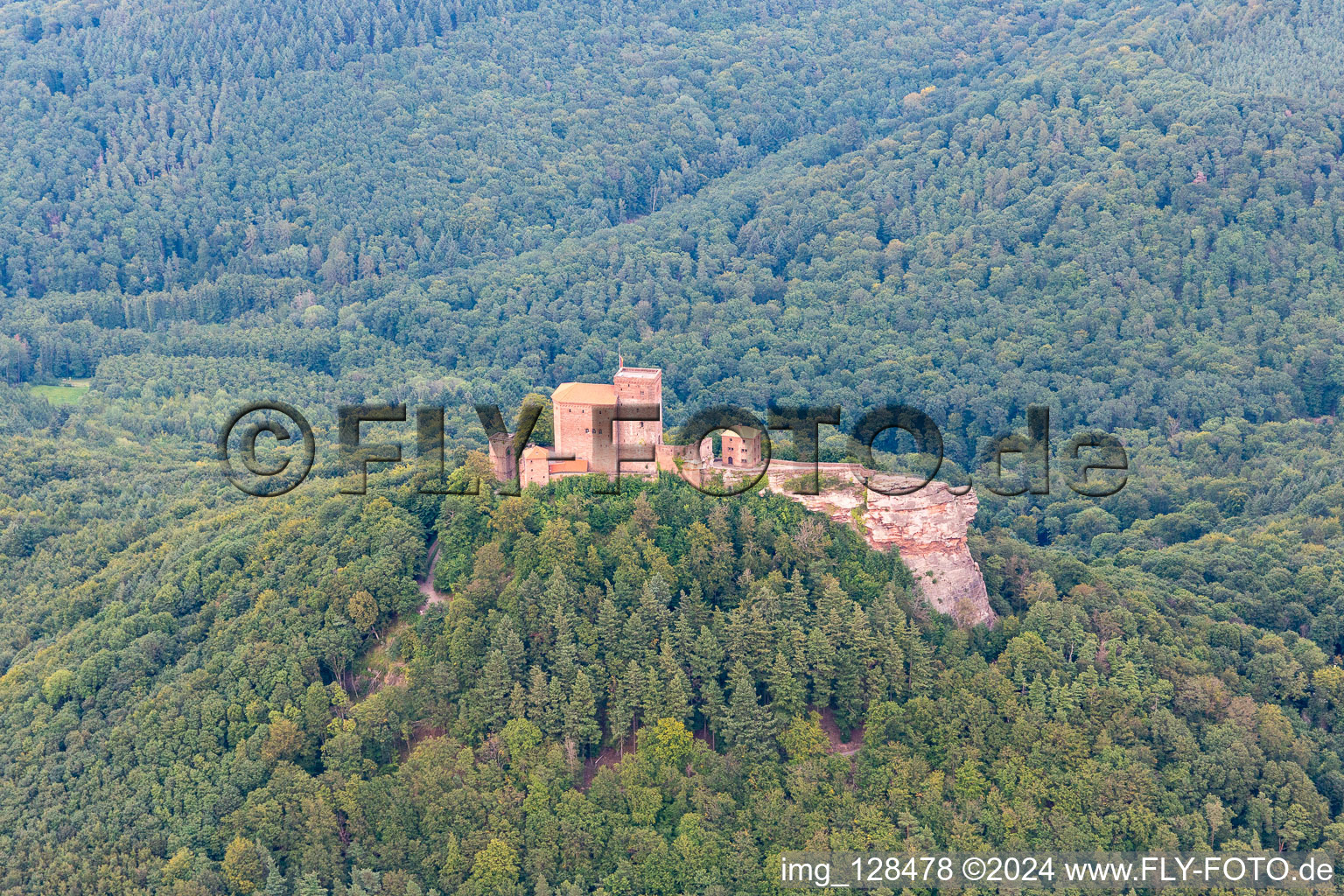 Trifels Castle in the district Bindersbach in Annweiler am Trifels in the state Rhineland-Palatinate, Germany out of the air