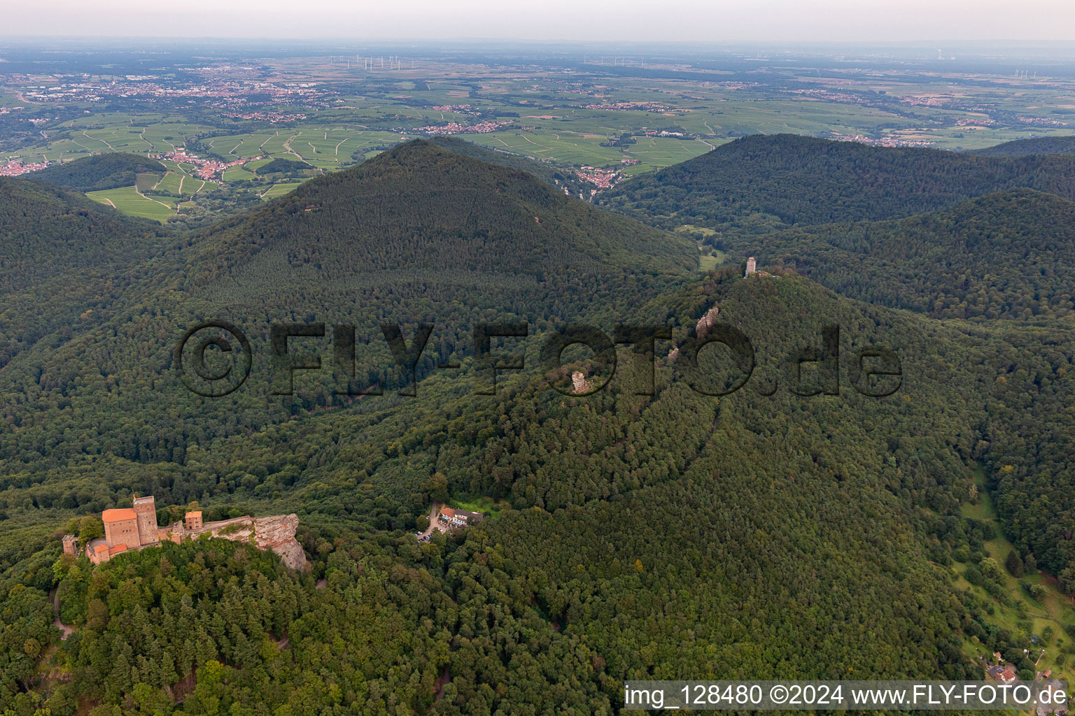 Aerial photograpy of The 3 castles Trifels, Anebos and Münz in the district Bindersbach in Annweiler am Trifels in the state Rhineland-Palatinate, Germany