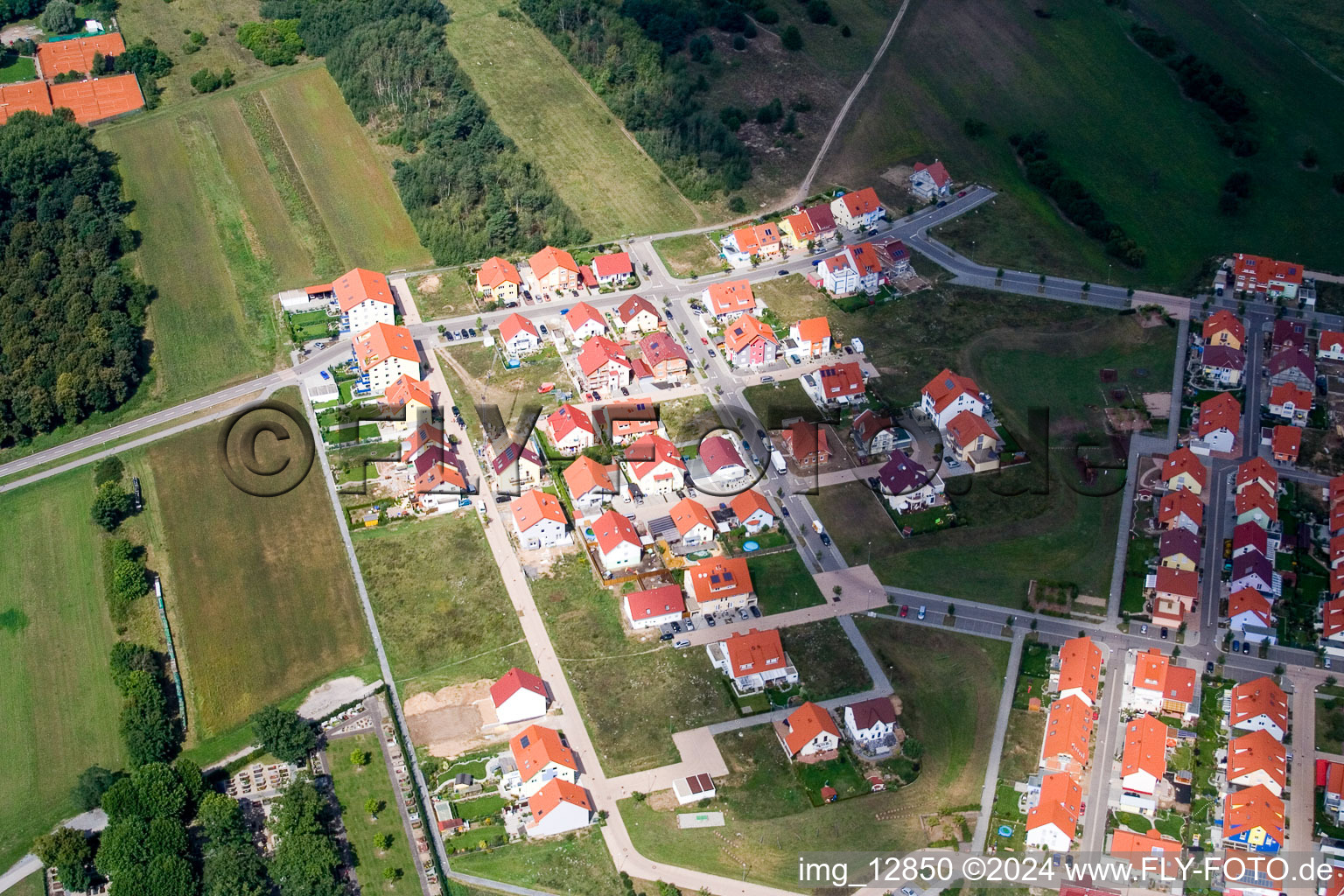 Aerial view of Montesoristr in the district Wiesental in Waghäusel in the state Baden-Wuerttemberg, Germany