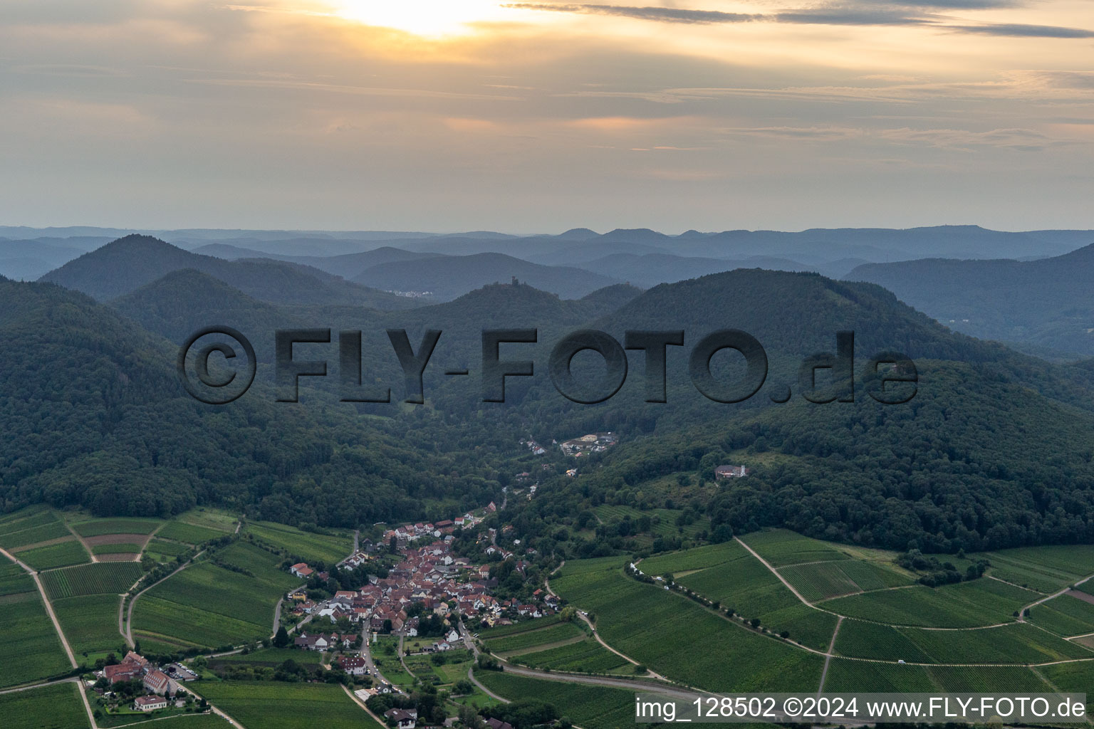 Aerial view of Fields of wine cultivation landscape in Leinsweiler in the state Rhineland-Palatinate, Germany