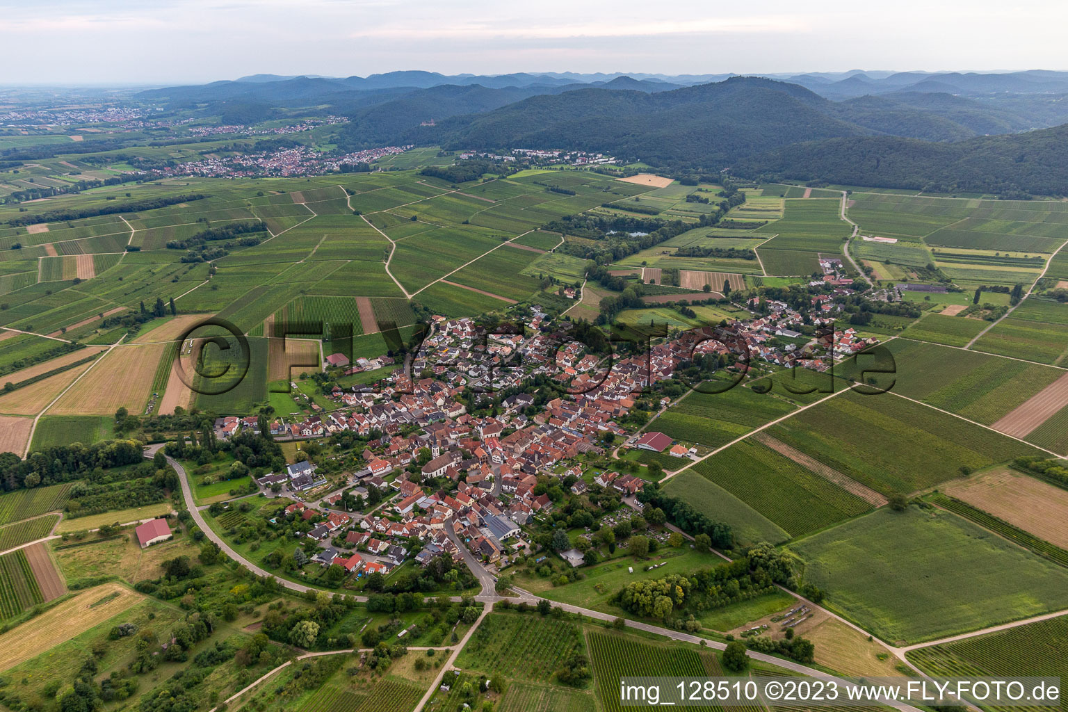 Agricultural land and field borders surround the settlement area of the village in Goecklingen in the state Rhineland-Palatinate, Germany seen from a drone