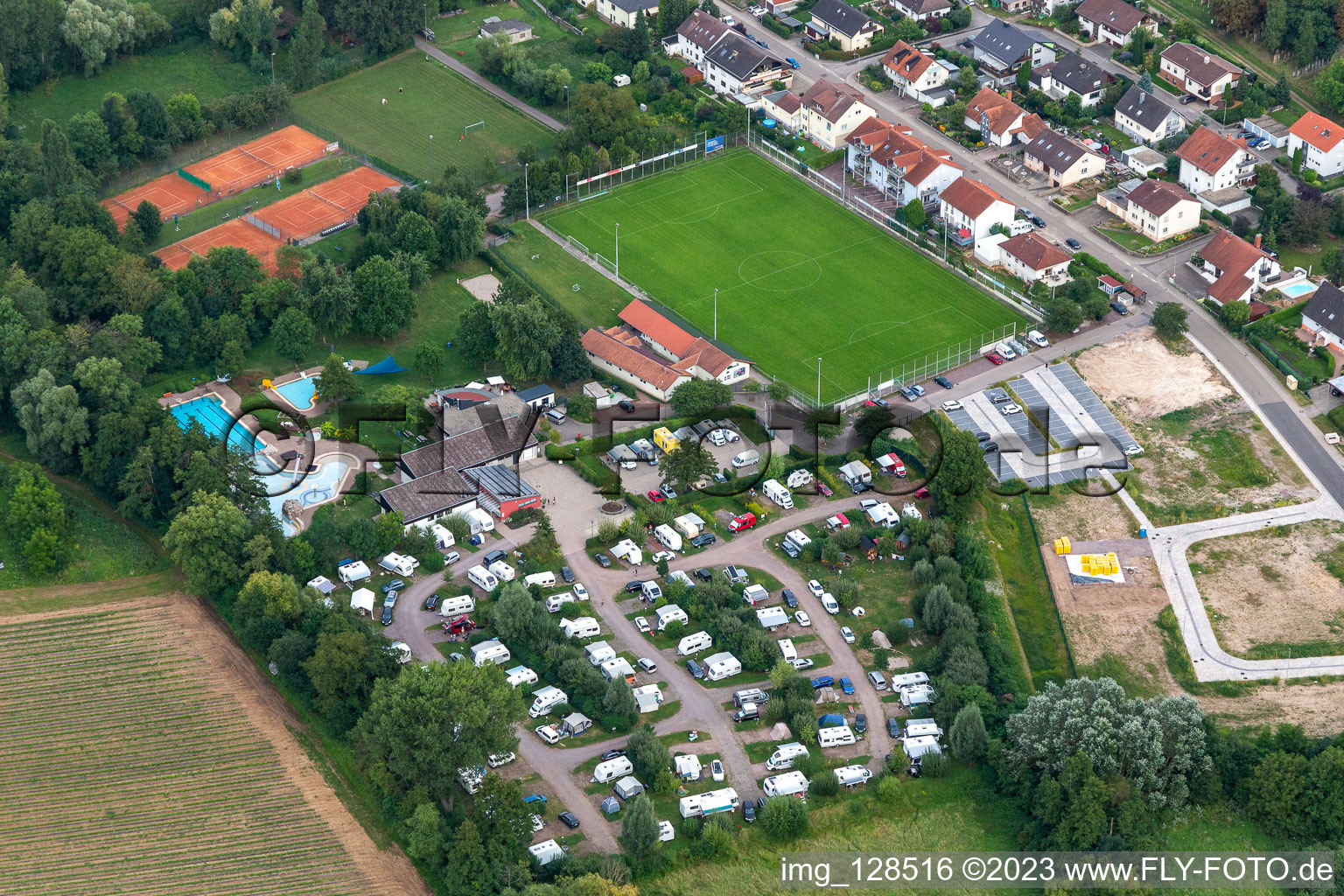 Camping Klingbachtal with caravans and tents in Billigheim-Ingenheim in the state Rhineland-Palatinate, Germany