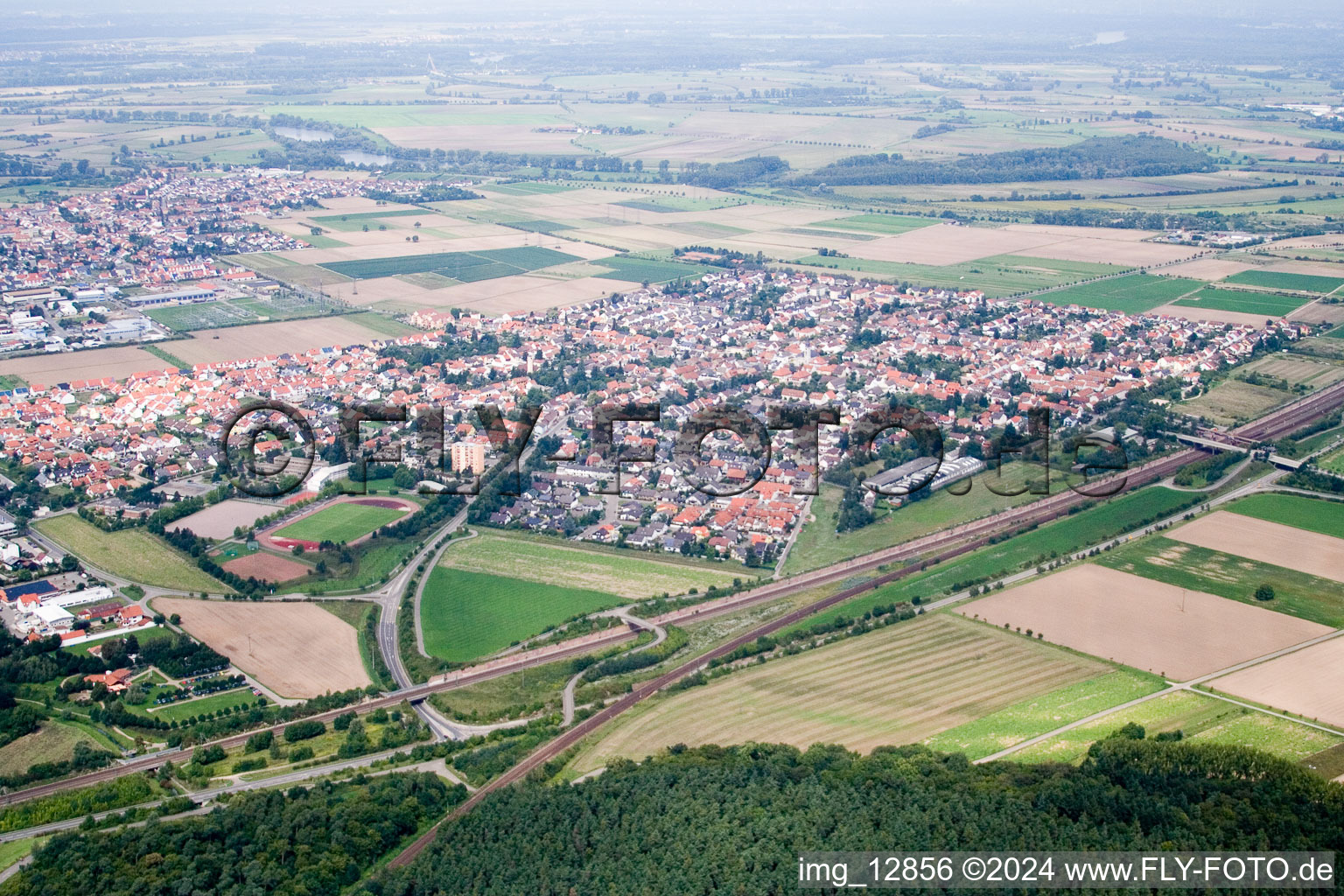 Oblique view of Neulußheim in the state Baden-Wuerttemberg, Germany