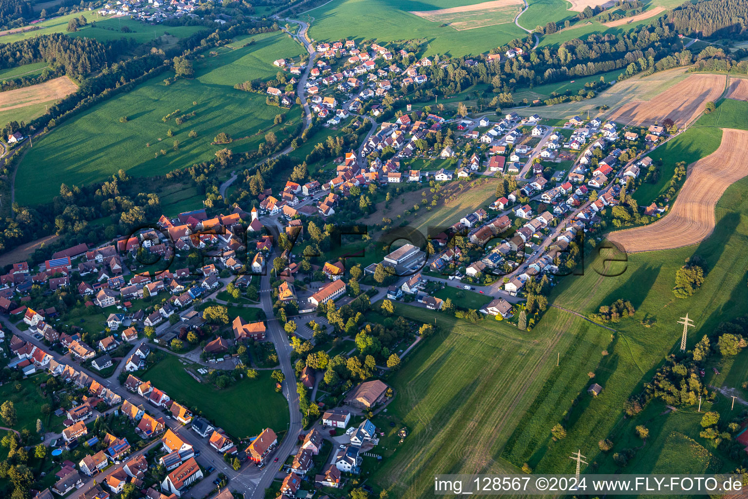 Village view on the edge of agricultural fields and land in Wittlensweiler in the state Baden-Wuerttemberg, Germany