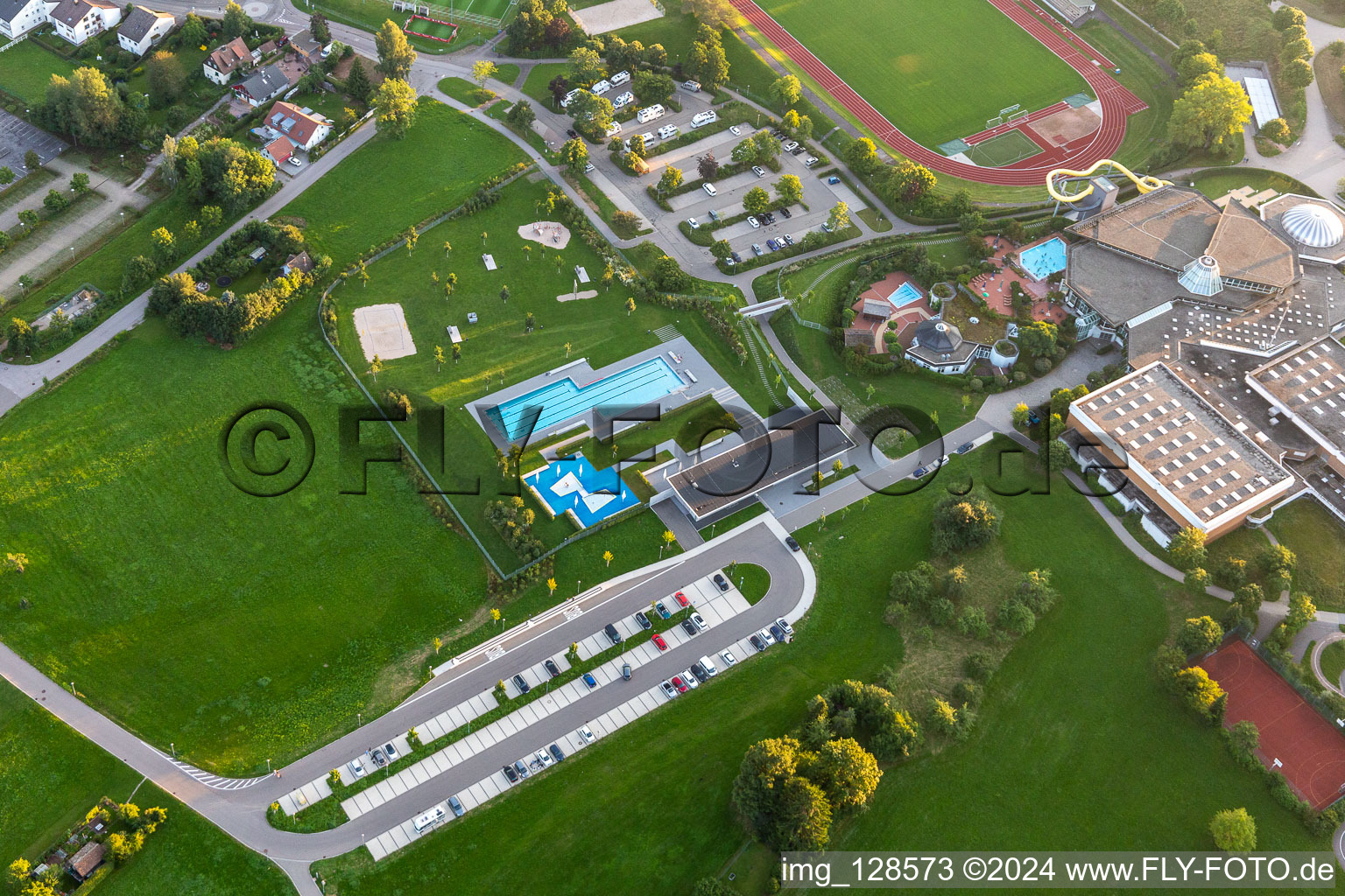 Aerial view of Swimming pool of the Panorama-Bad in Freudenstadt in the state Baden-Wuerttemberg, Germany