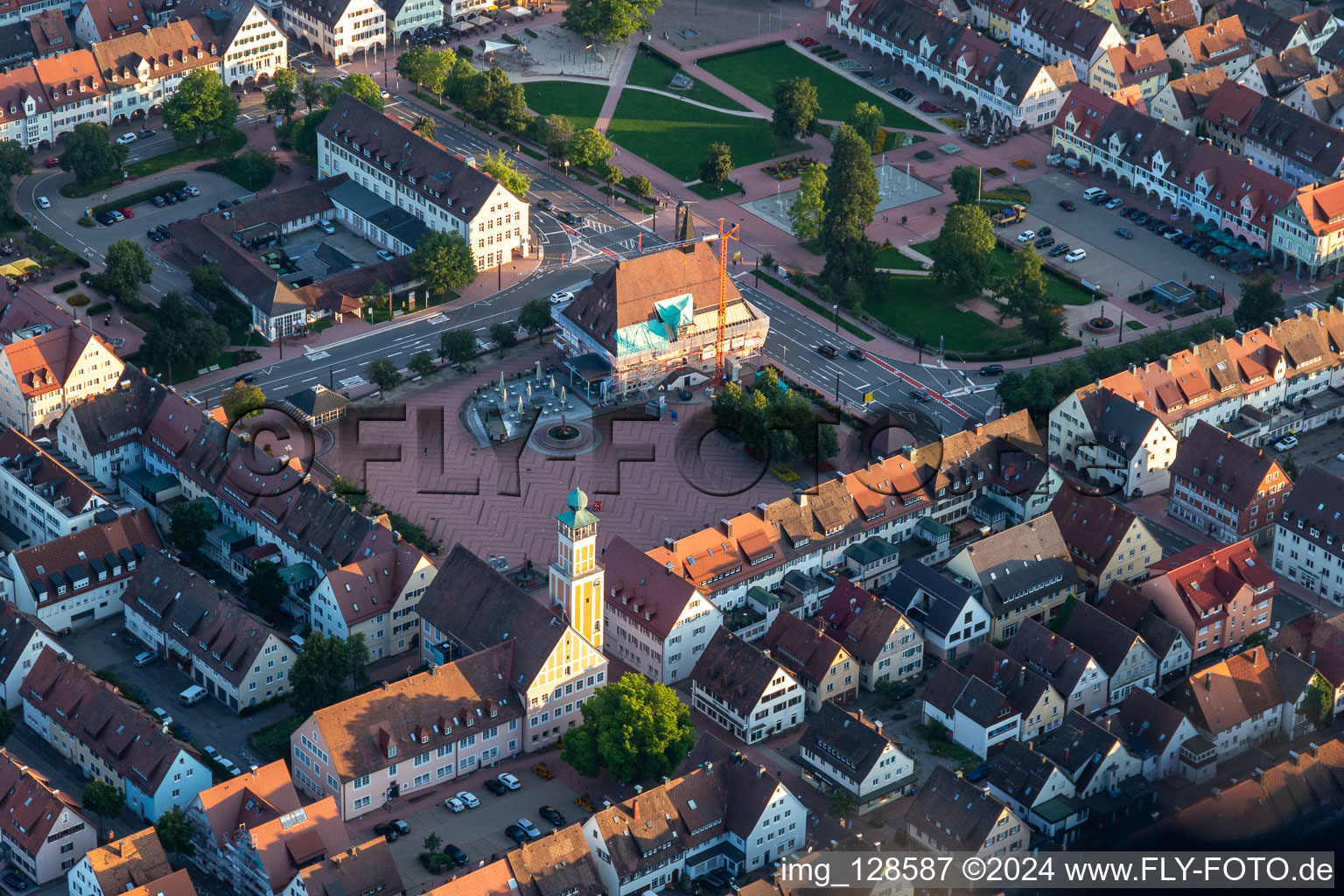 Aerial view of Town Hall building of the City Council at the market downtown in Freudenstadt in the state Baden-Wuerttemberg, Germany