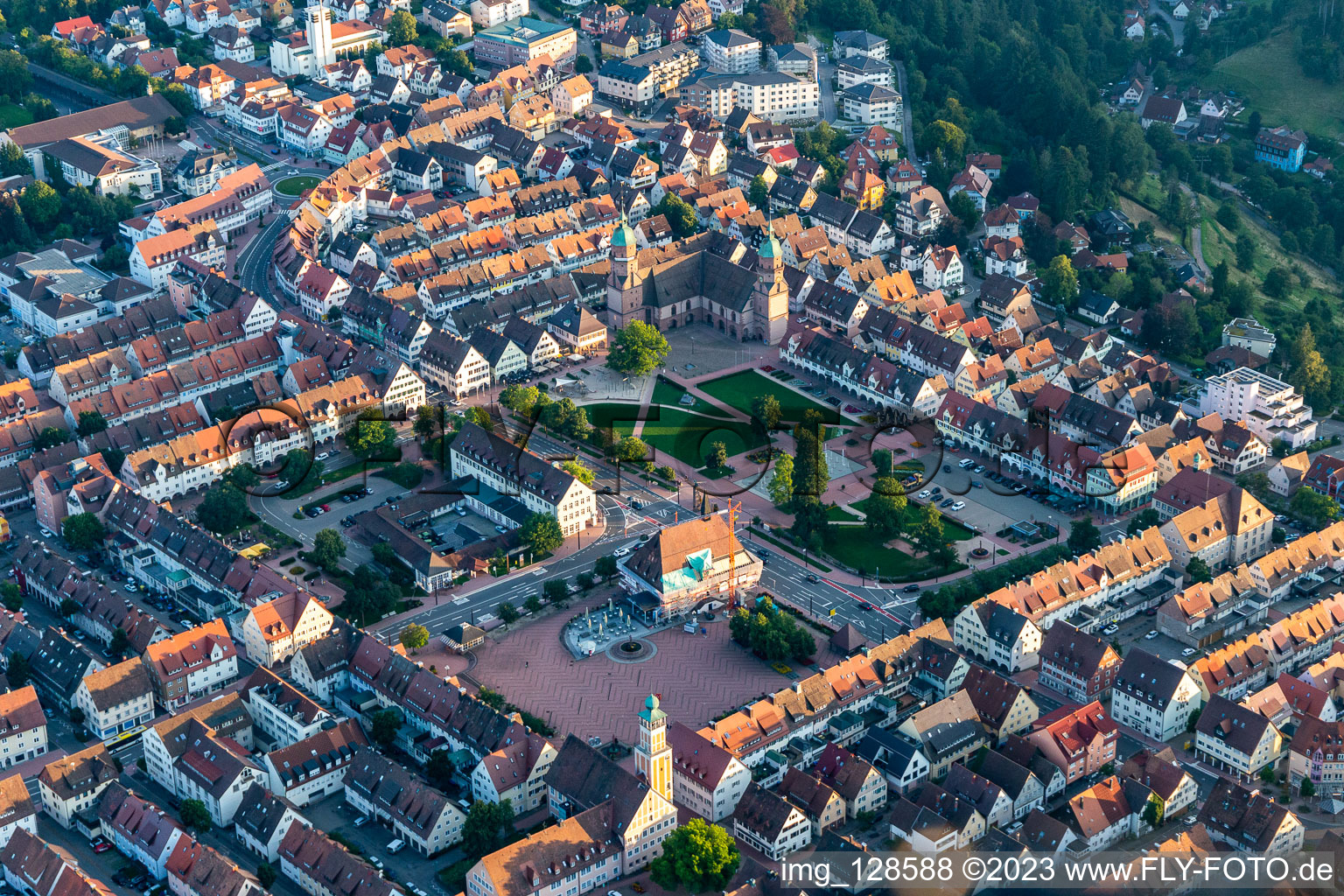 Aerial photograpy of Town Hall building of the City Council at the market downtown in Freudenstadt in the state Baden-Wuerttemberg, Germany