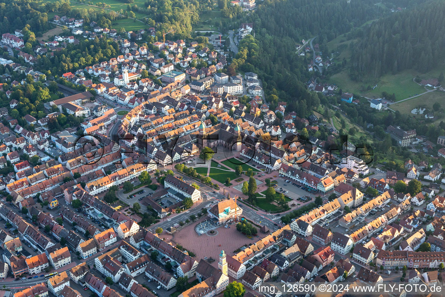 Oblique view of Town Hall building of the City Council at the market downtown in Freudenstadt in the state Baden-Wuerttemberg, Germany