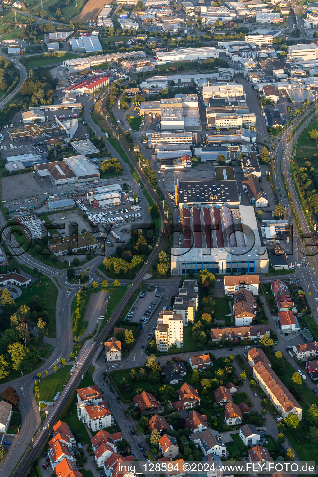 Oblique view of Industrial area Robert-Bürkle-Straße in Freudenstadt in the state Baden-Wuerttemberg, Germany