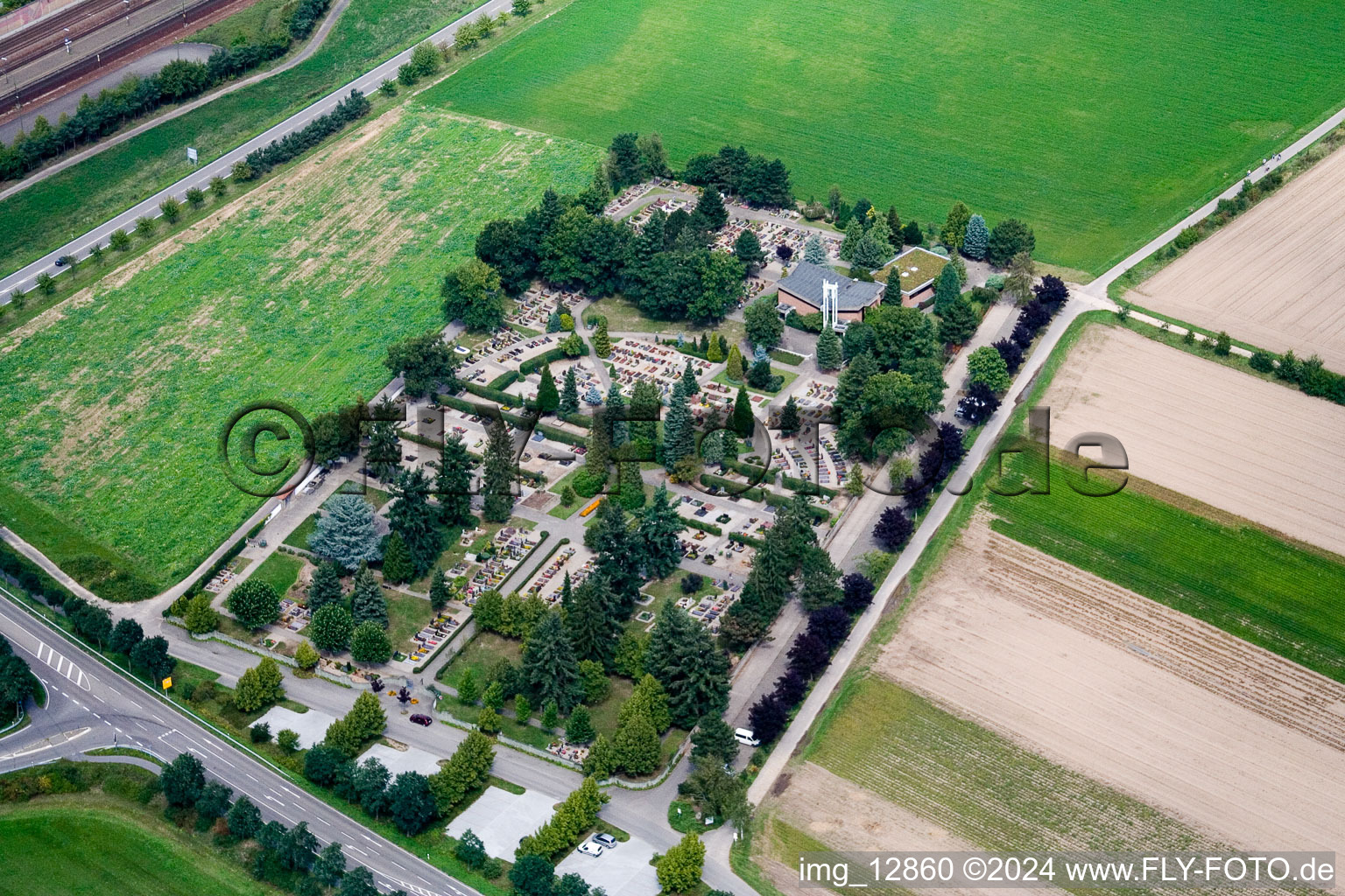 Aerial view of Cemetery in Neulußheim in the state Baden-Wuerttemberg, Germany