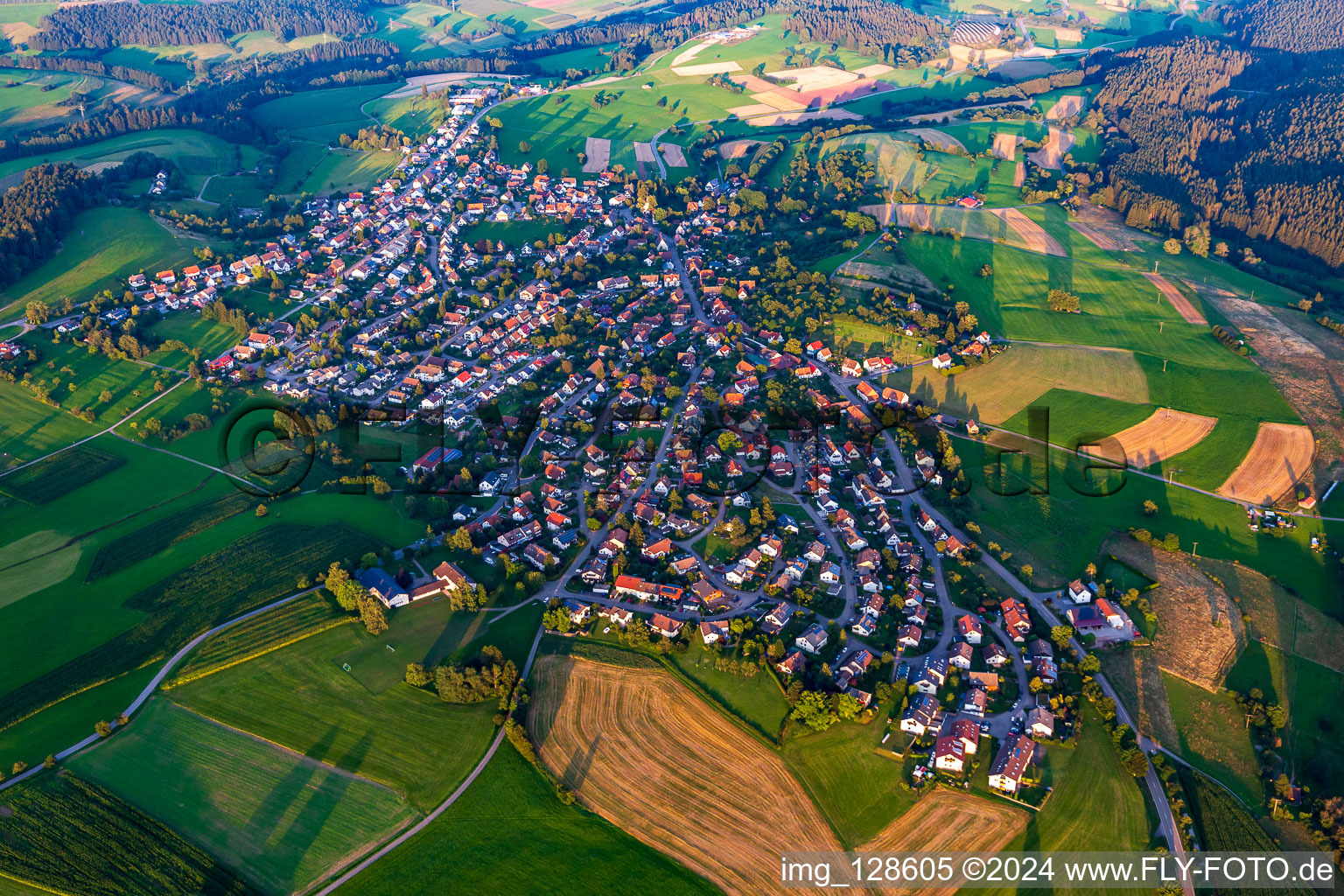 Aerial view of Village view on the edge of agricultural fields and land in Dietersweiler in the state Baden-Wuerttemberg, Germany