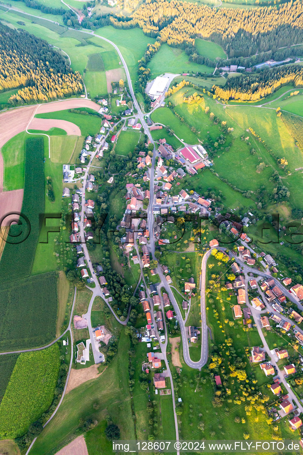 Aerial photograpy of Agricultural land and field boundaries surround the settlement area of the village in Lombach in the state Baden-Wuerttemberg, Germany