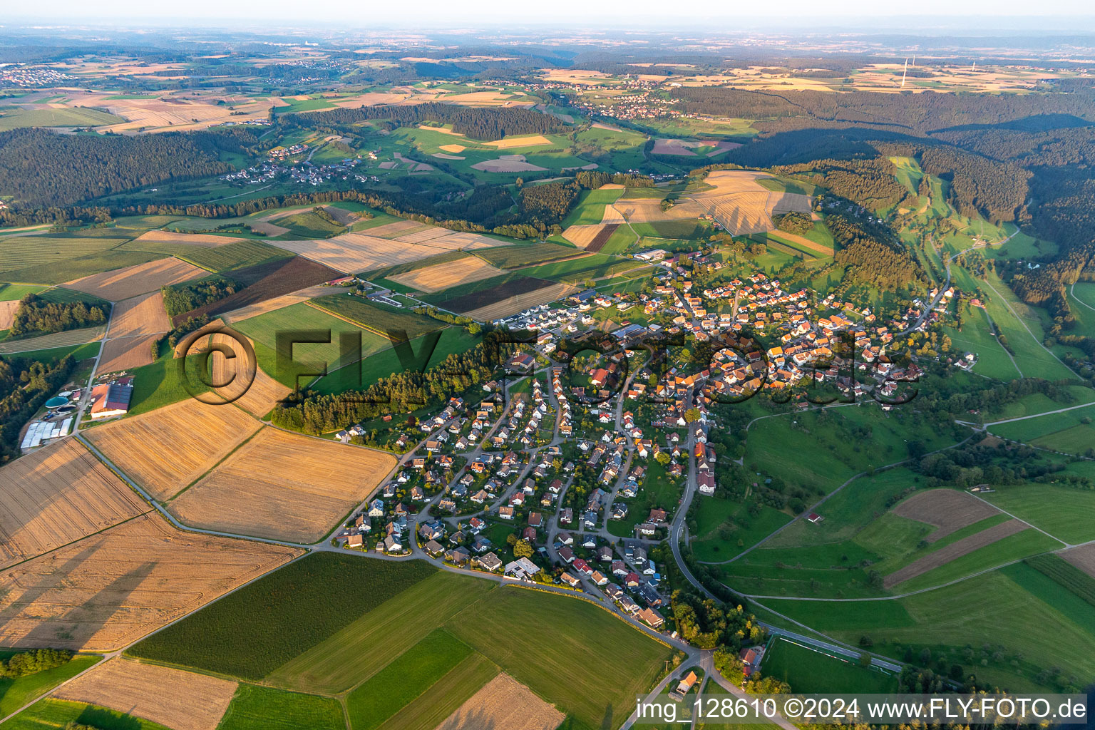 Village view on the edge of agricultural fields and land in Wittendorf at Black-Forest in the state Baden-Wuerttemberg, Germany