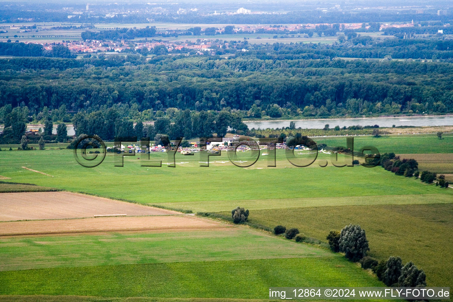 Aerial view of Herrenteich Airfield Festival in Ketsch in the state Baden-Wuerttemberg, Germany