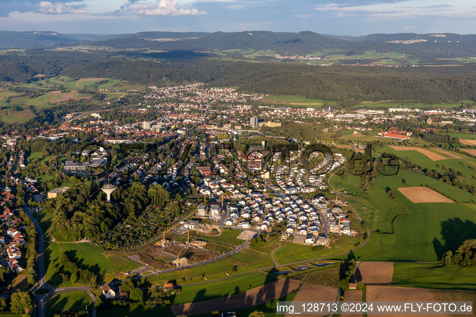 Aerial view of City area with outside districts and inner city area in Rottweil in the state Baden-Wuerttemberg, Germany