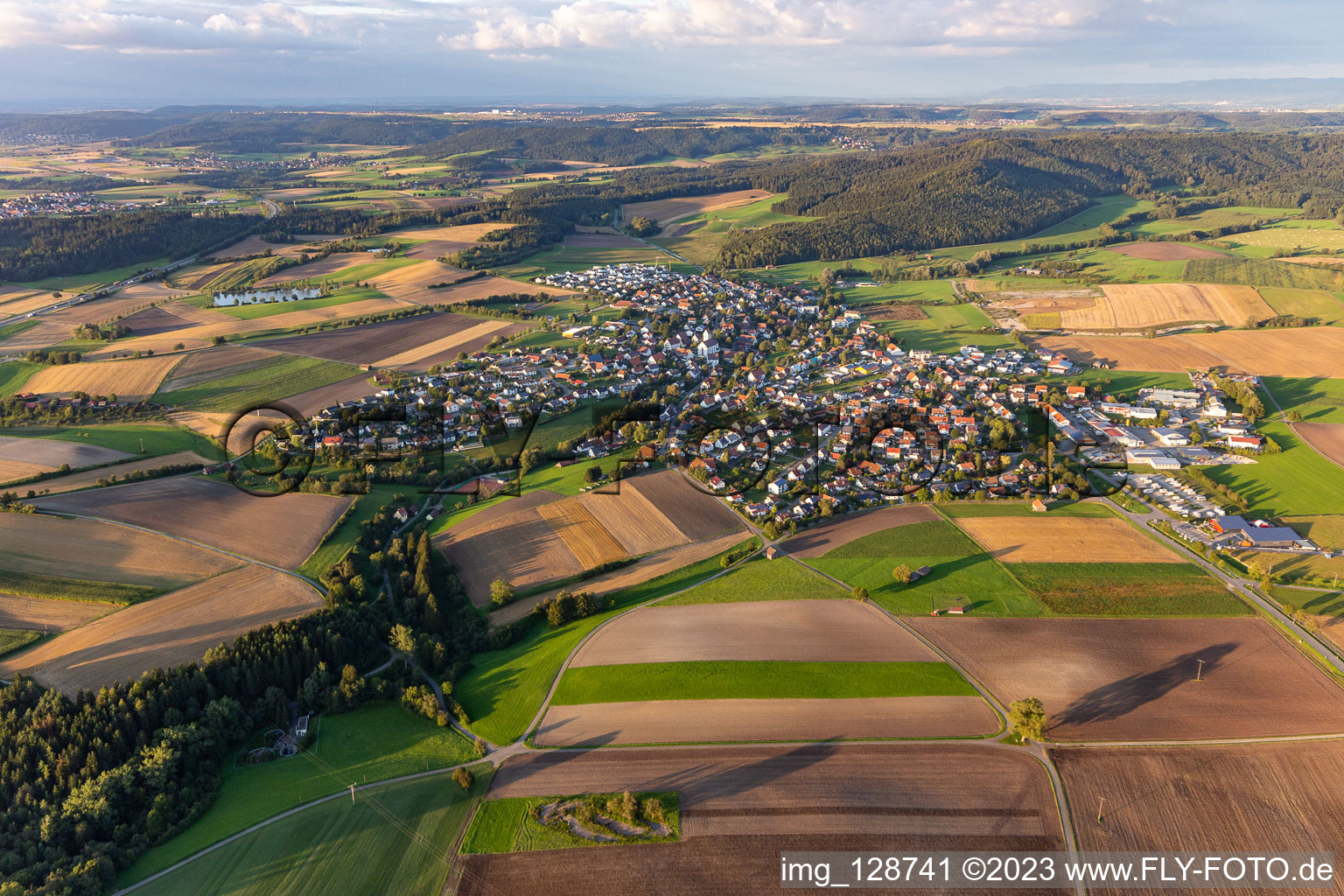 Village view on the edge of agricultural fields and land in Dietingen in the state Baden-Wuerttemberg, Germany