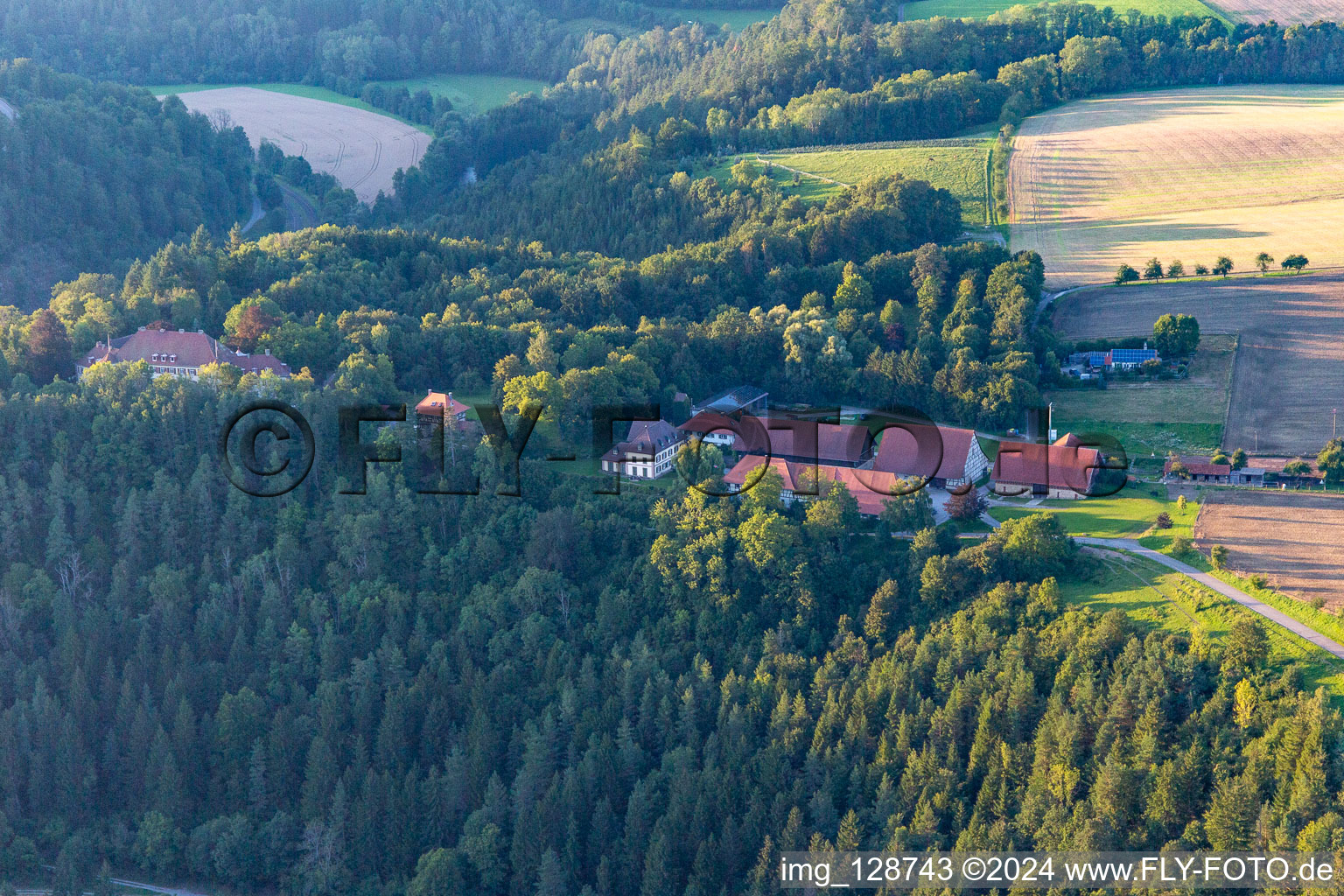 Aerial view of Farm Hohenstein in the district Hohenstein in Dietingen in the state Baden-Wuerttemberg, Germany