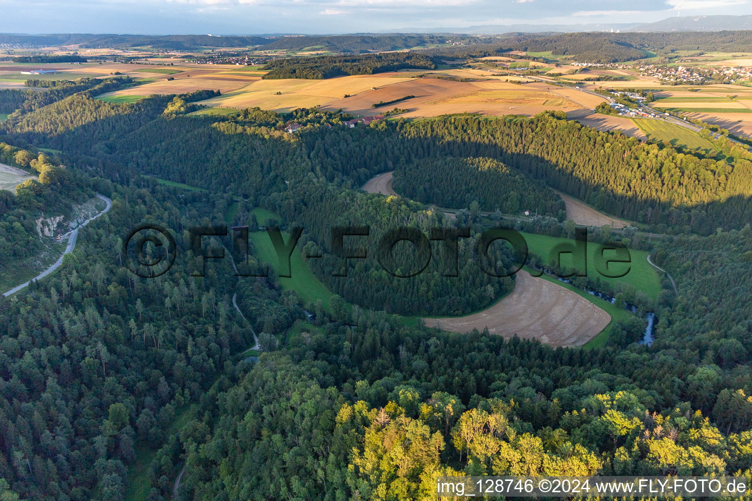 Aerial view of Neckar valley loop around Hohenstein Castle in Dietingen in the state Baden-Wuerttemberg, Germany