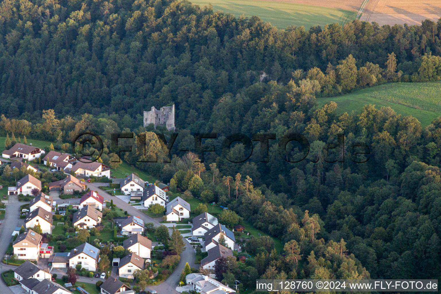 Aerial view of Castle ruins Herrenzimmern in the district Herrenzimmern in Bösingen in the state Baden-Wuerttemberg, Germany