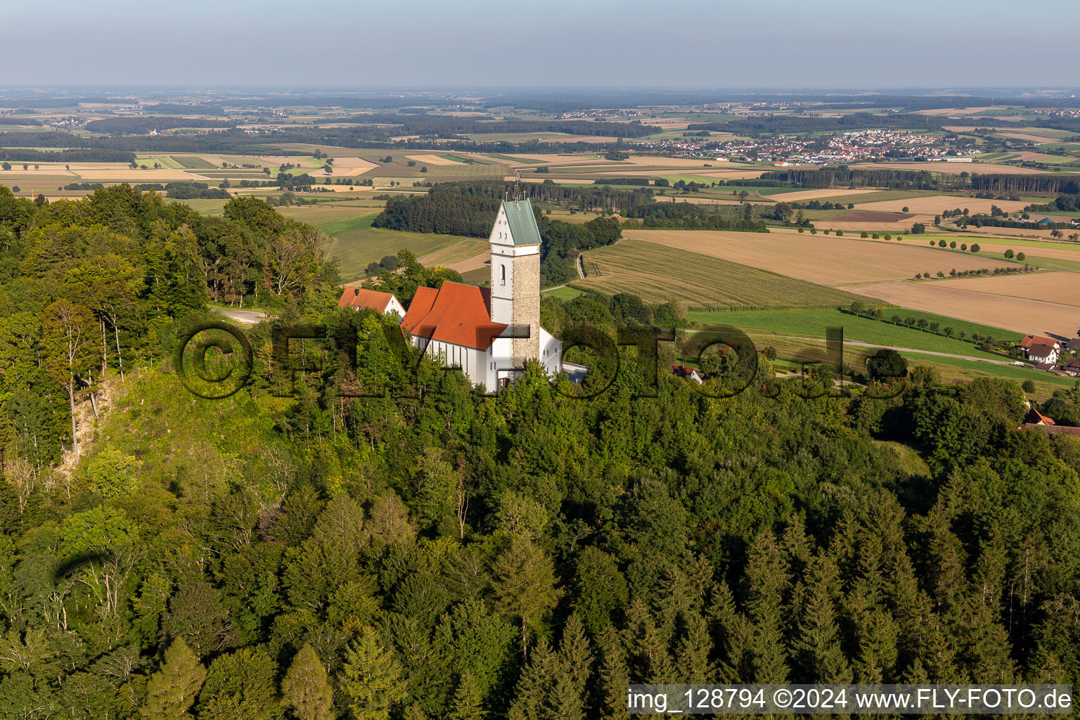 Aerial view of Pilgrimage Church of St. John the Baptist on the Bussen in the district Offingen in Uttenweiler in the state Baden-Wuerttemberg, Germany