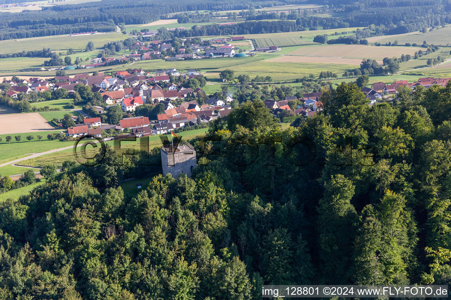 Aerial view of Castle ruins on the Bussen – holy mountain of Upper Swabia in the district Offingen in Uttenweiler in the state Baden-Wuerttemberg, Germany