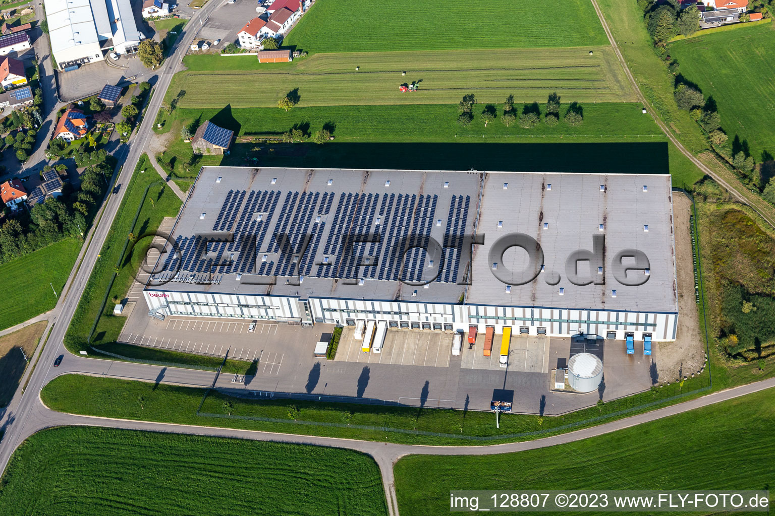 Aerial photograpy of Building and production halls on the premises of Beurer GmbH in Uttenweiler in the state Baden-Wuerttemberg, Germany