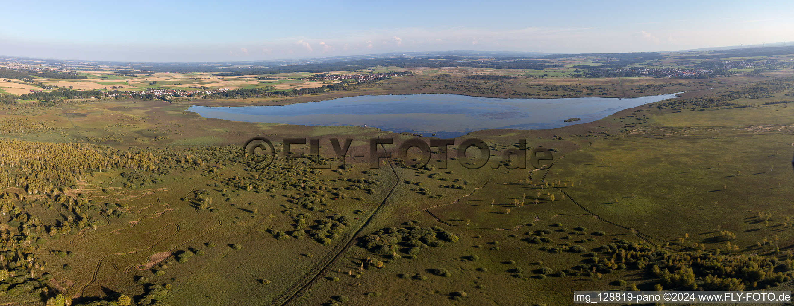 Aerial view of Riparian areas on the lake area of Federsee in Bad Buchau in the state Baden-Wuerttemberg, Germany