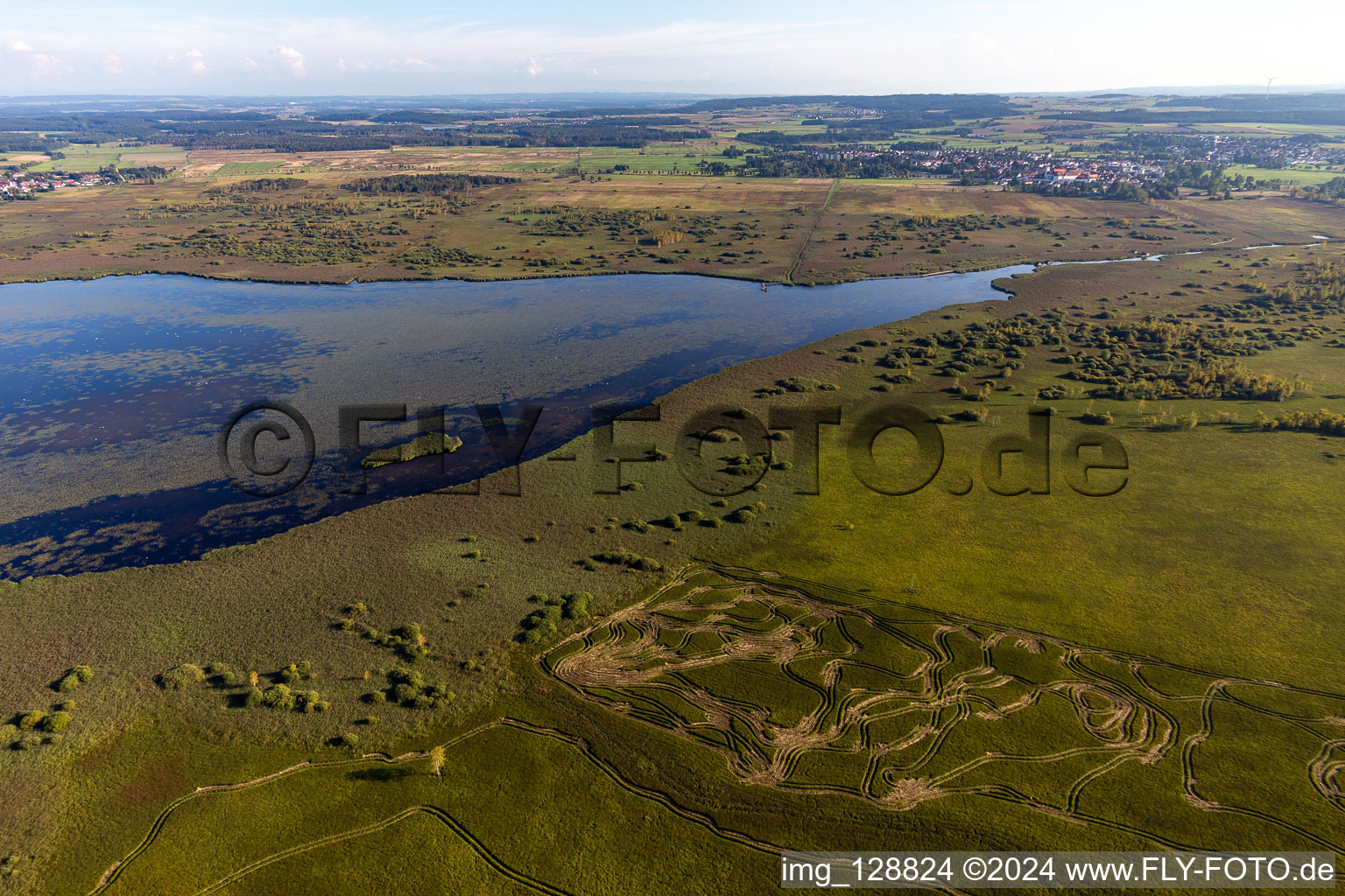 Aerial photograpy of Riparian areas on the lake area of Federsee in Bad Buchau in the state Baden-Wuerttemberg, Germany