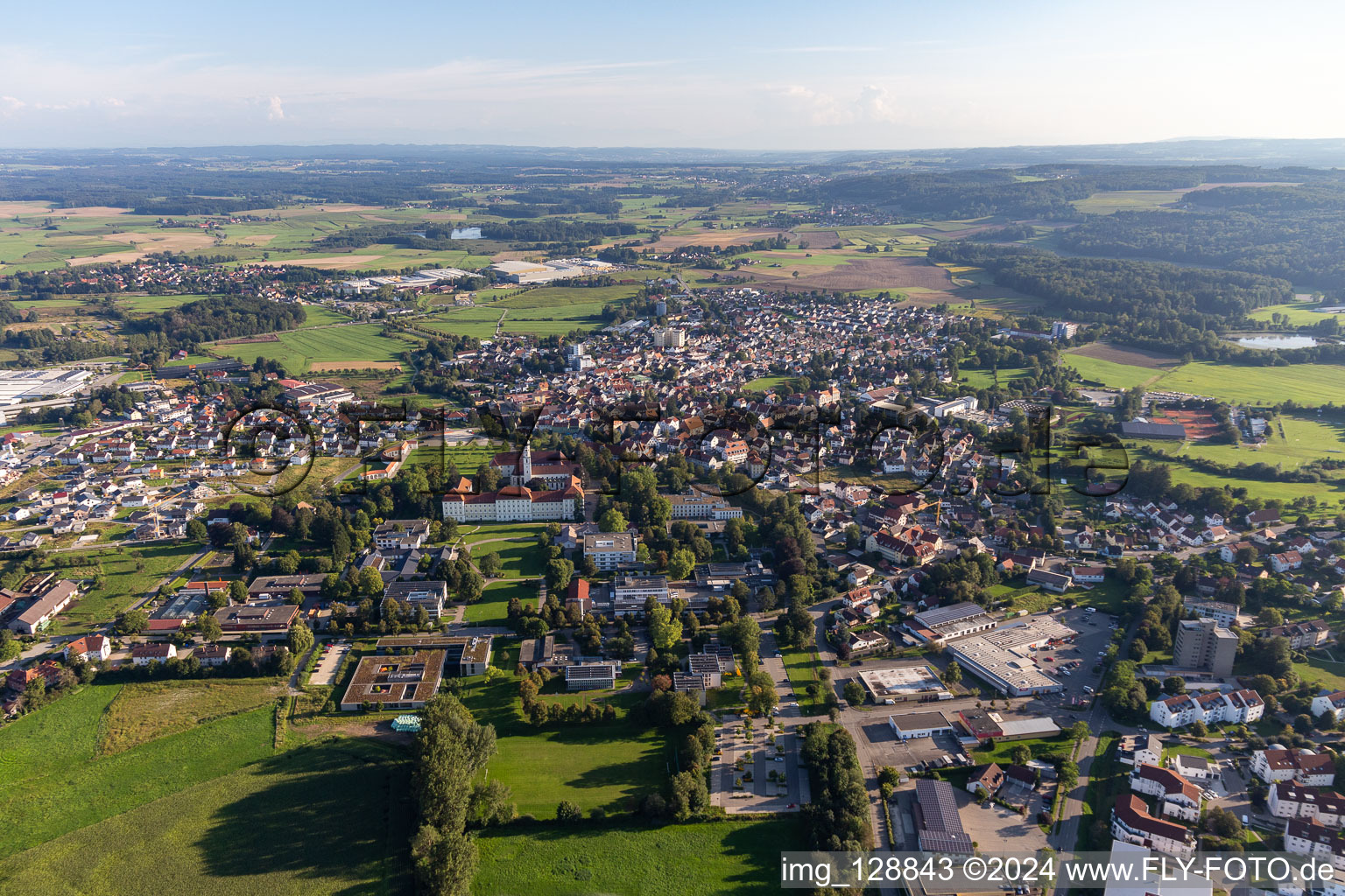 City view from the downtown area with the outskirts with adjacent agricultural fields in Bad Schussenried in the state Baden-Wuerttemberg, Germany