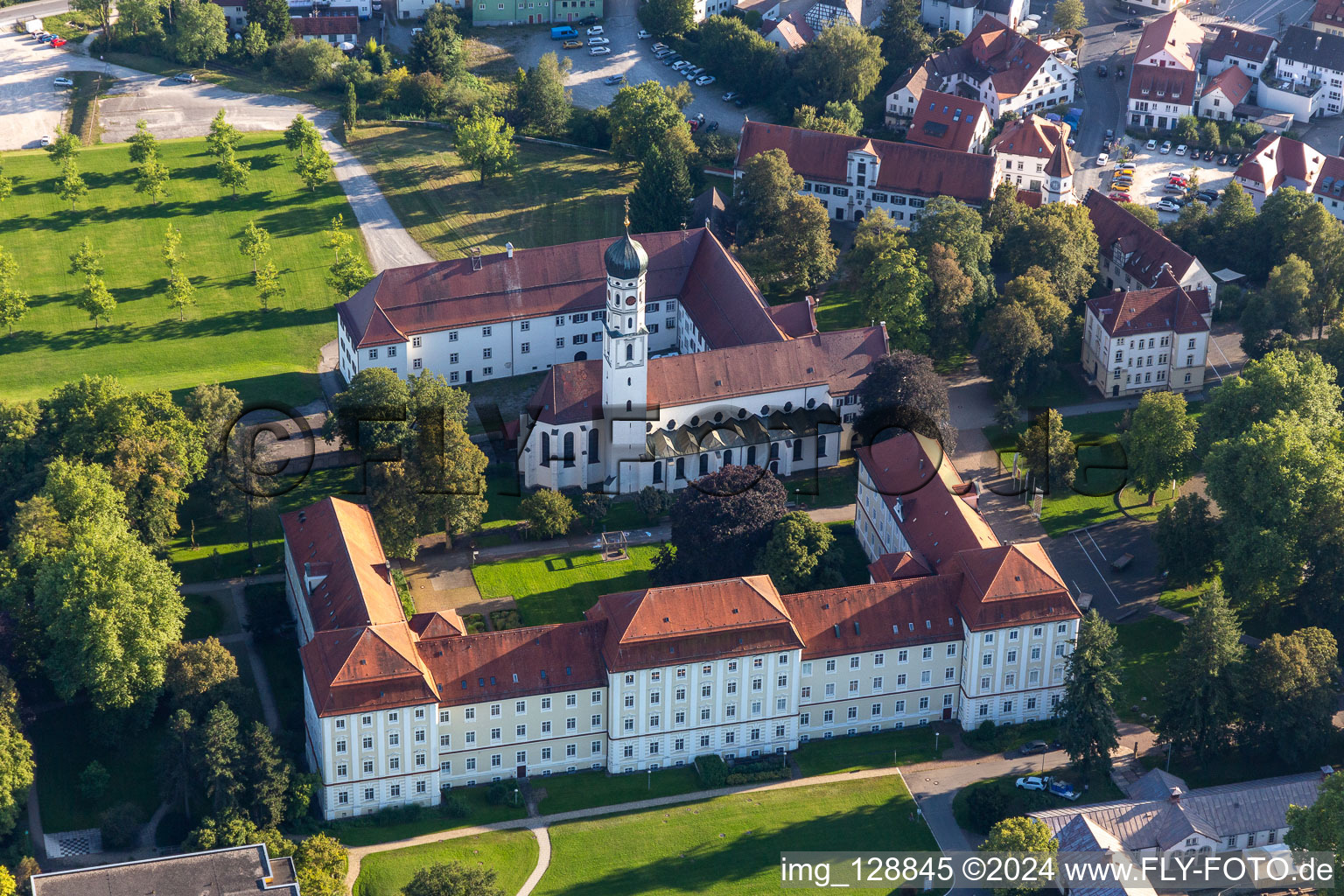 Aerial view of Complex of buildings of the monastery in Bad Schussenried in the state Baden-Wuerttemberg, Germany