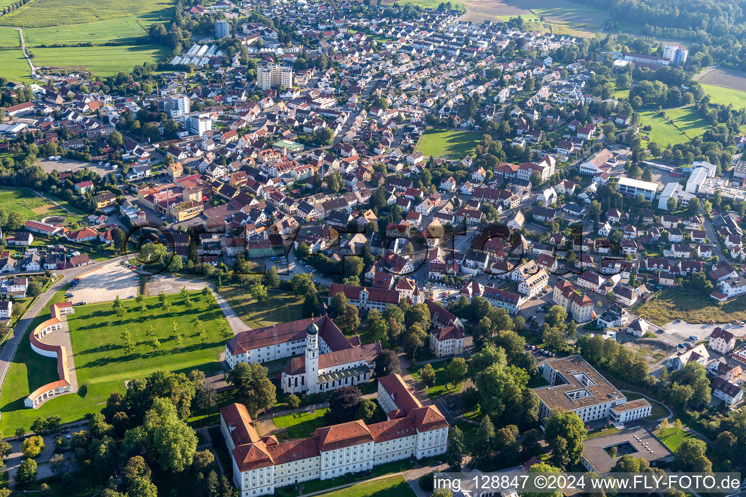 Aerial photograpy of Complex of buildings of the monastery in Bad Schussenried in the state Baden-Wuerttemberg, Germany