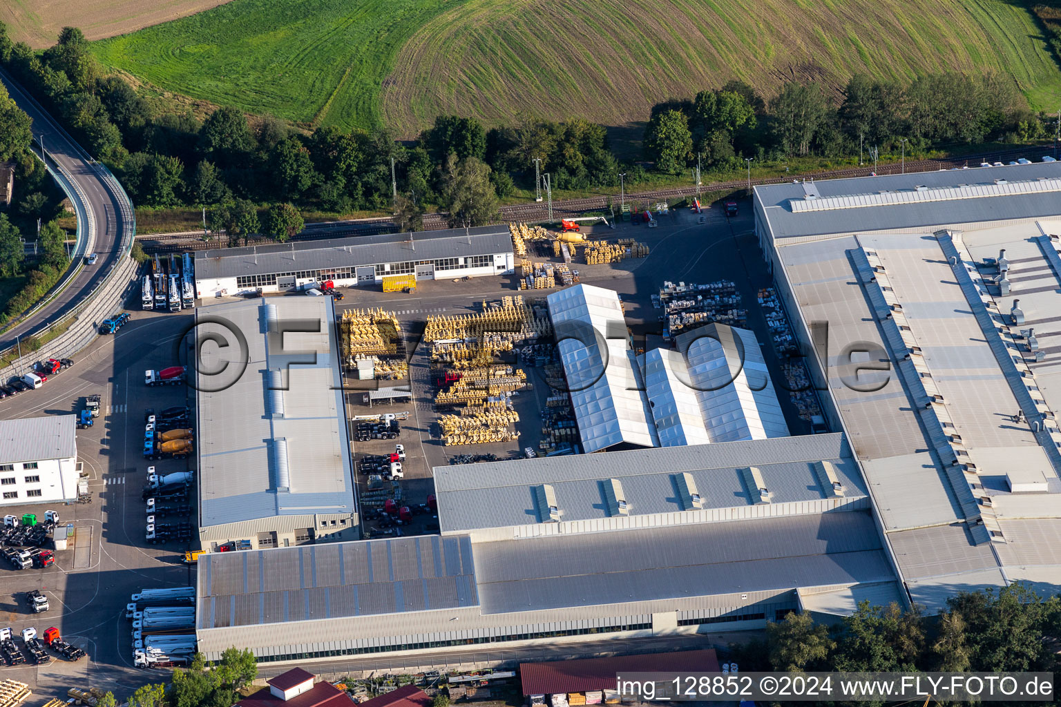 Building and production halls on the premises of Liebherr-Mischtechnik GmbH in Bad Schussenried in the state Baden-Wuerttemberg, Germany