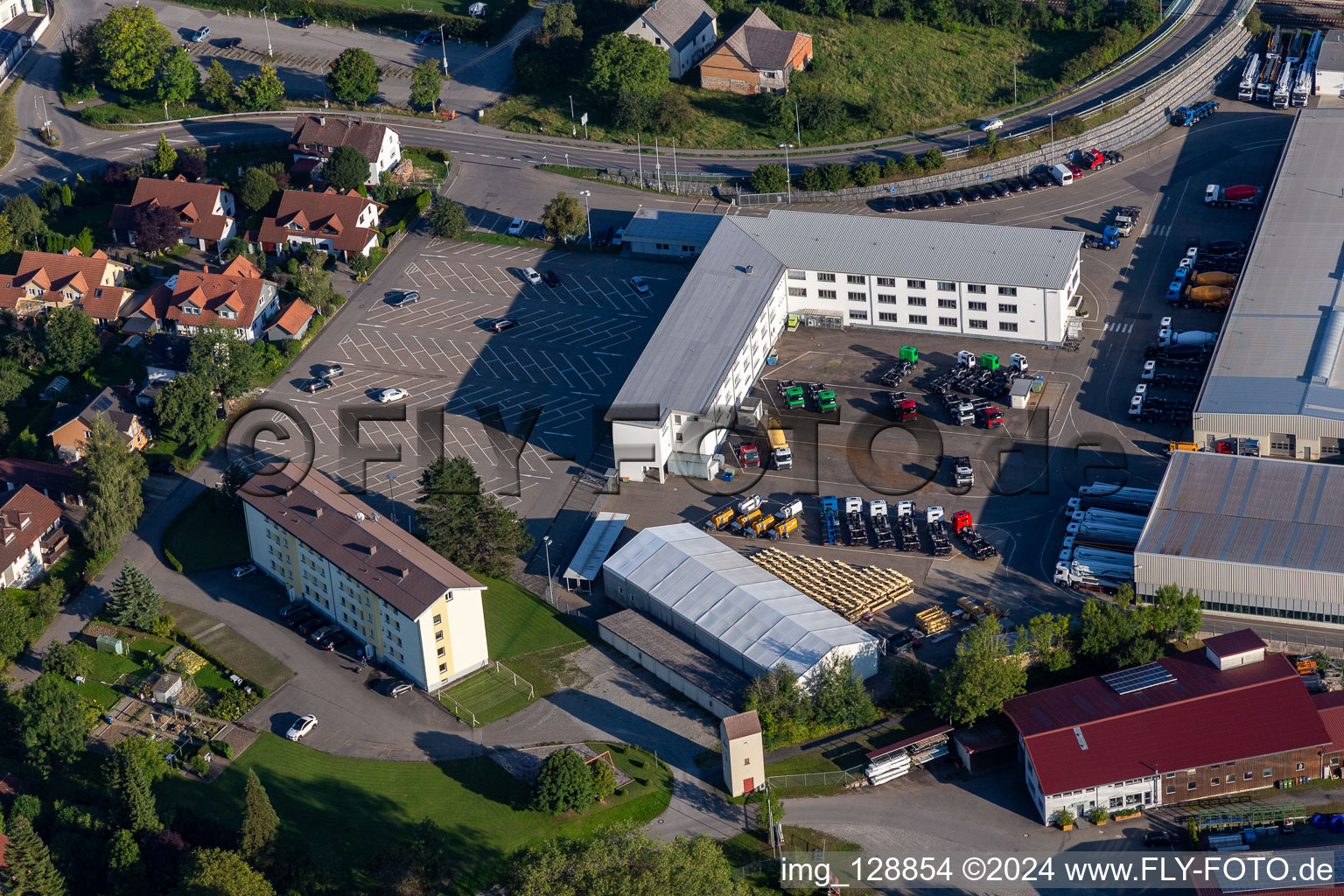 Aerial view of Building and production halls on the premises of Liebherr-Mischtechnik GmbH in Bad Schussenried in the state Baden-Wuerttemberg, Germany