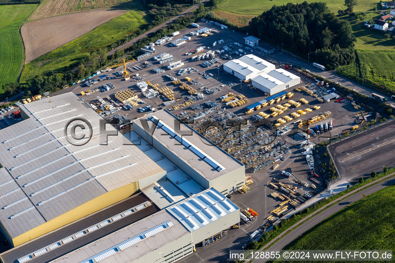 Aerial photograpy of Building and production halls on the premises of Liebherr-Mischtechnik GmbH in Bad Schussenried in the state Baden-Wuerttemberg, Germany