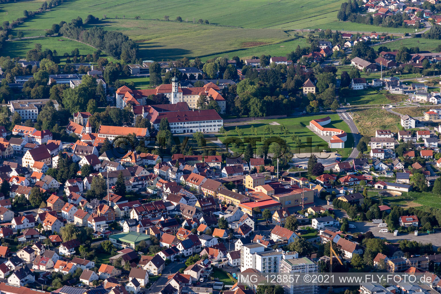 Aerial photograpy of Schussenried Monastery in the district Roppertsweiler in Bad Schussenried in the state Baden-Wuerttemberg, Germany