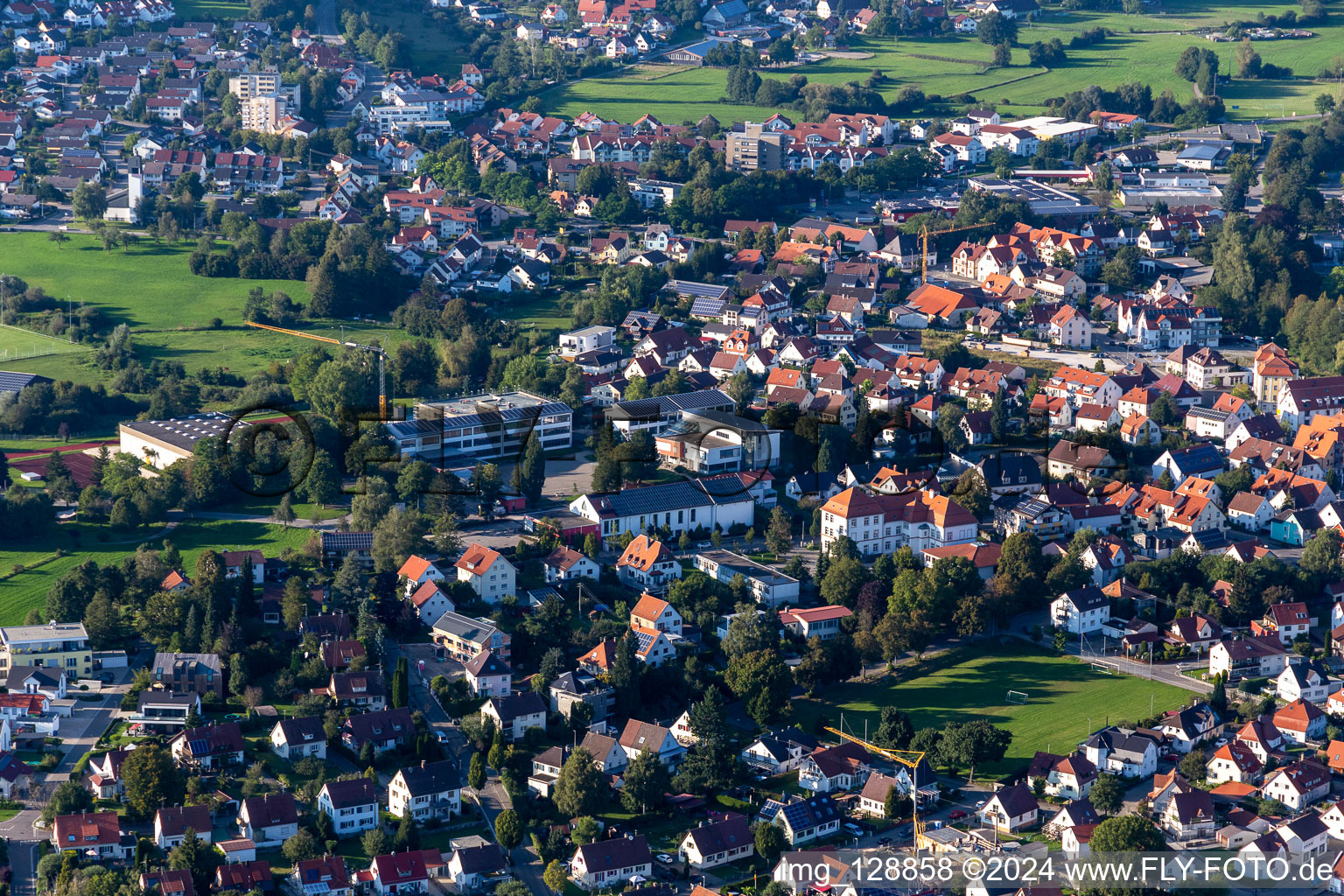 Drümmelbergschule and Löwen sports field in the district Zellerhof in Bad Schussenried in the state Baden-Wuerttemberg, Germany