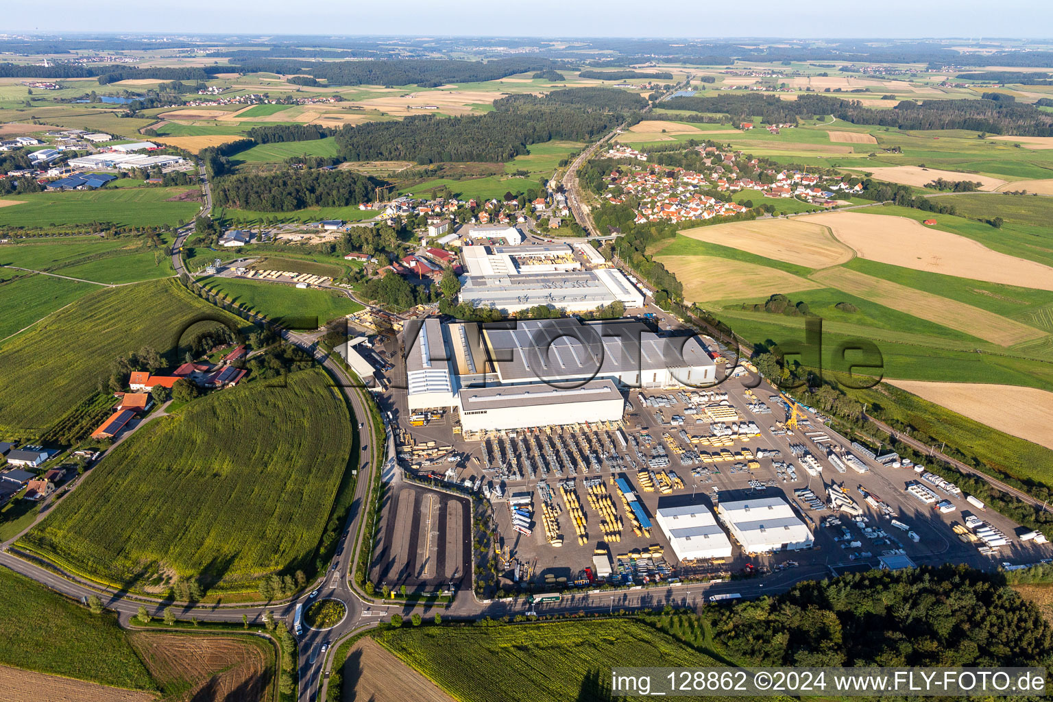 Building and production halls on the premises of Liebherr-Mischtechnik GmbH in Bad Schussenried in the state Baden-Wuerttemberg, Germany out of the air