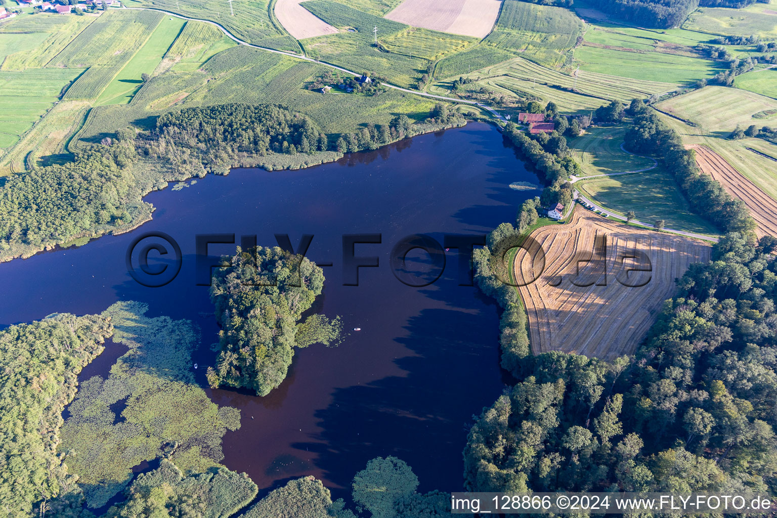 Aerial view of Schwaigfurt Pond in the district Kürnbach in Bad Schussenried in the state Baden-Wuerttemberg, Germany