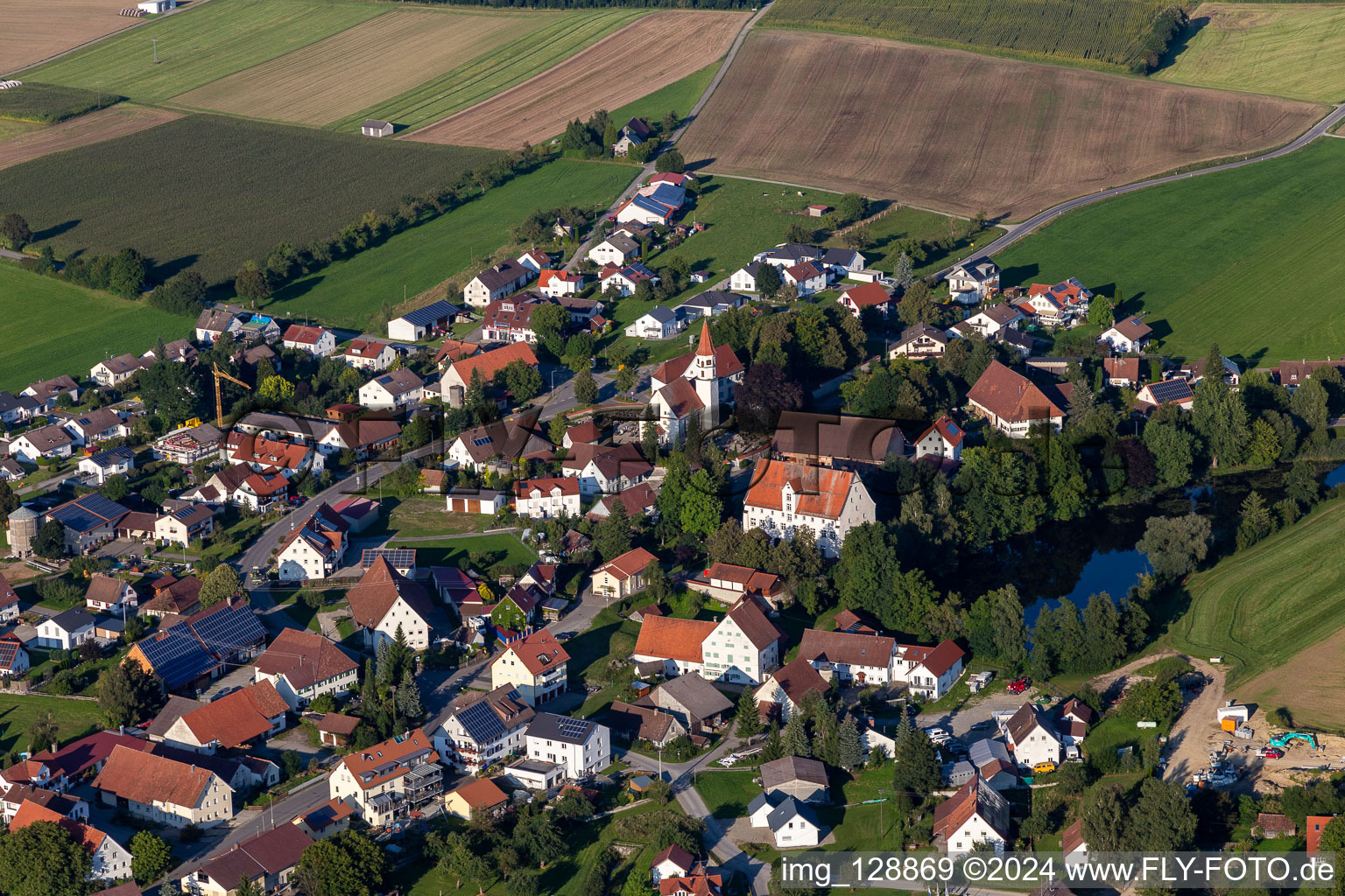 Aerial view of St. John in the district Michelwinnaden in Bad Waldsee in the state Baden-Wuerttemberg, Germany