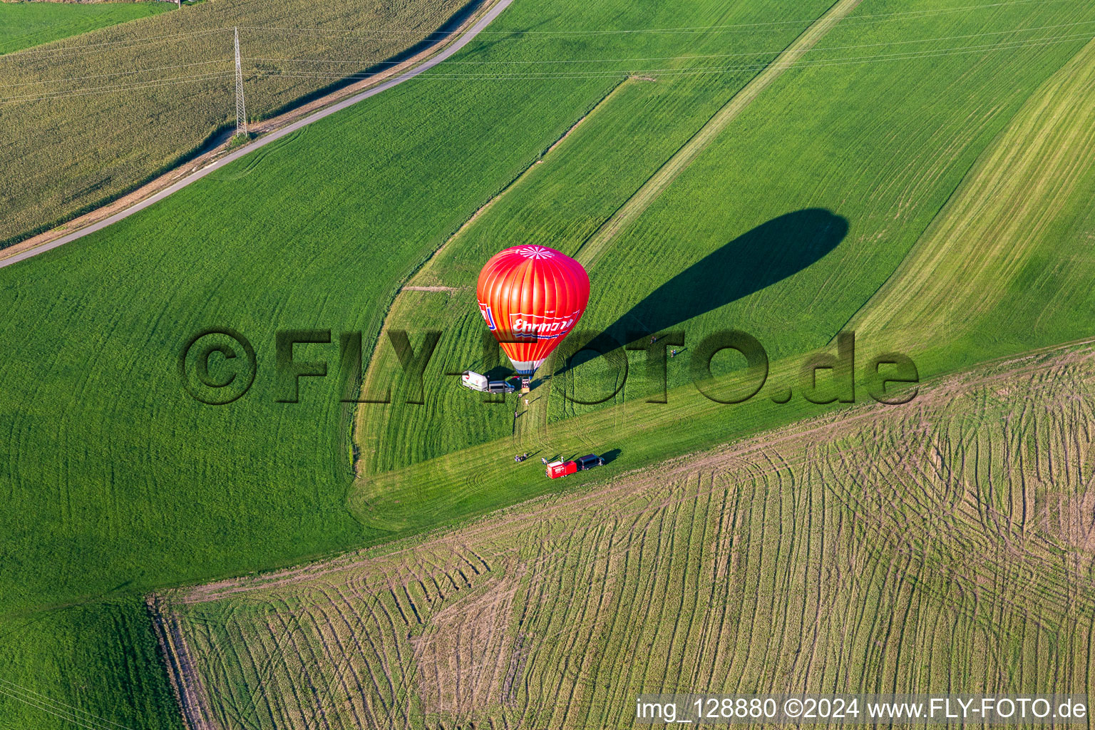 Aerial view of Balloon launch Ehrmann in the district Michelwinnaden in Bad Waldsee in the state Baden-Wuerttemberg, Germany