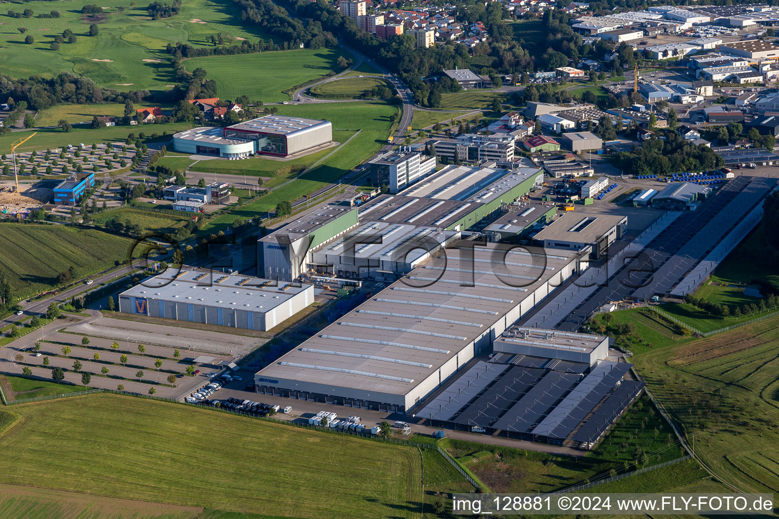 Aerial view of Buildings and production halls on the vehicle construction site of Hymer Reisemobile GmbH in Bad Waldsee in the state Baden-Wuerttemberg, Germany