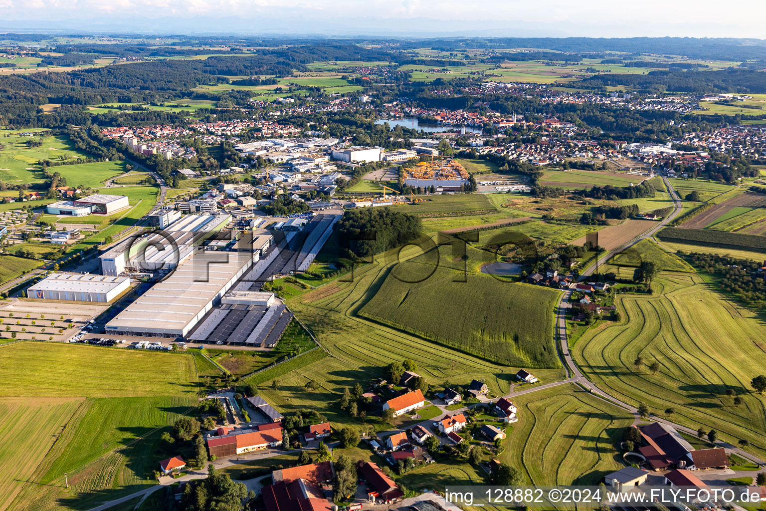 Aerial photograpy of Buildings and production halls on the vehicle construction site of Hymer Reisemobile GmbH in Bad Waldsee in the state Baden-Wuerttemberg, Germany