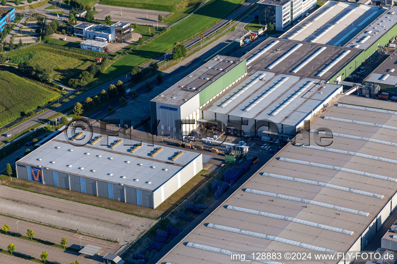 Oblique view of Buildings and production halls on the vehicle construction site of Hymer Reisemobile GmbH in Bad Waldsee in the state Baden-Wuerttemberg, Germany