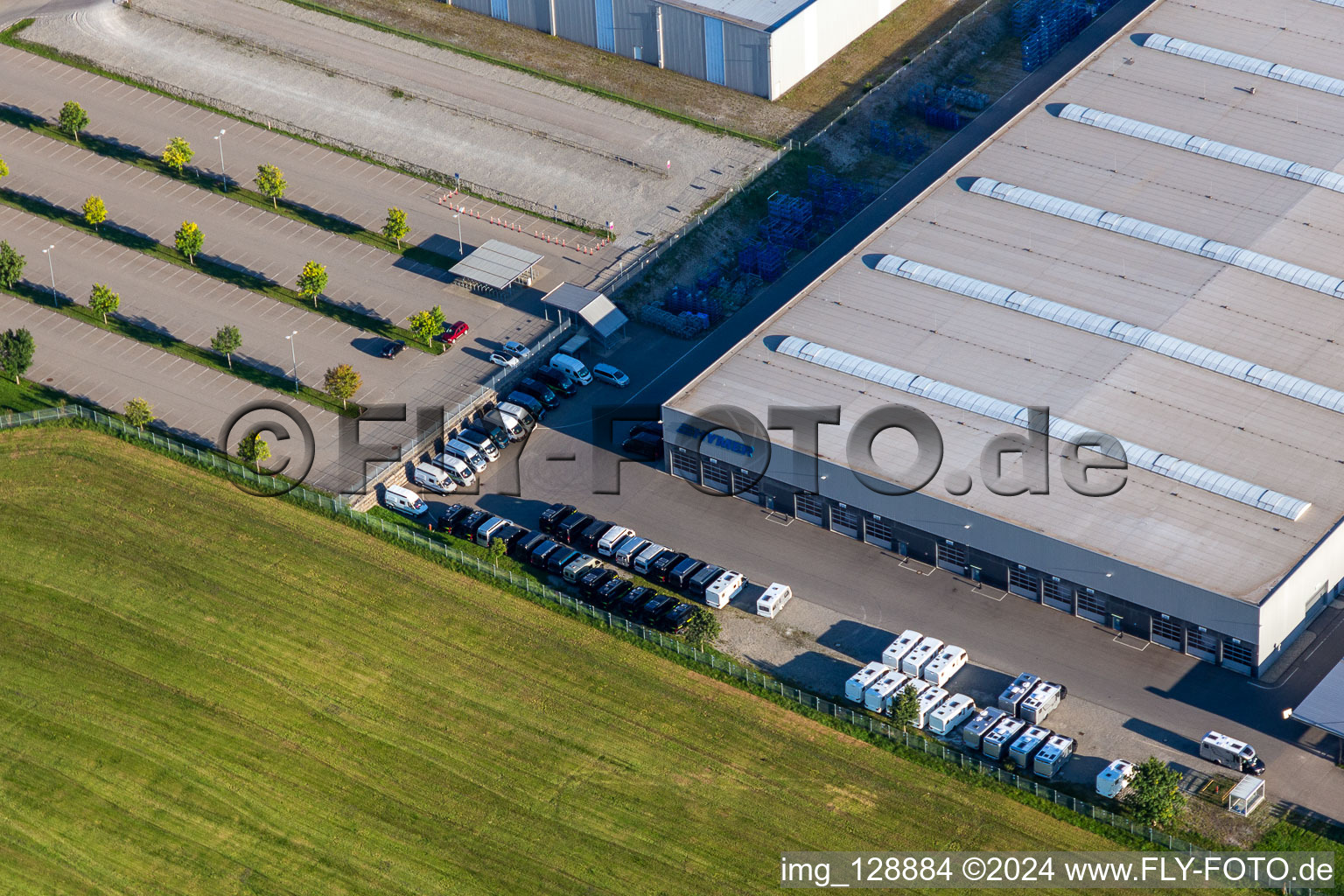 Buildings and production halls on the vehicle construction site of Hymer Reisemobile GmbH in Bad Waldsee in the state Baden-Wuerttemberg, Germany from above