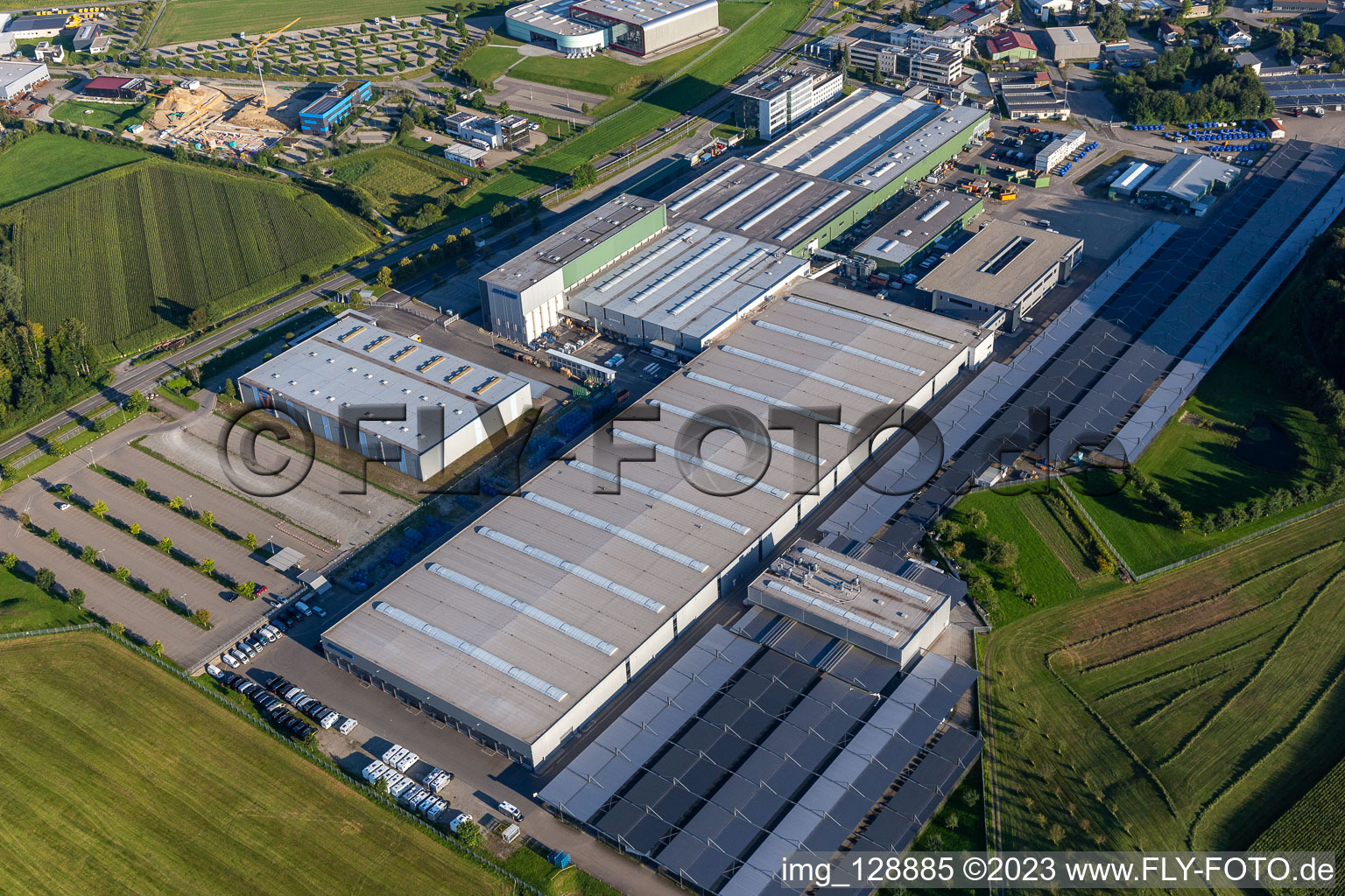 Buildings and production halls on the vehicle construction site of Hymer Reisemobile GmbH in Bad Waldsee in the state Baden-Wuerttemberg, Germany out of the air