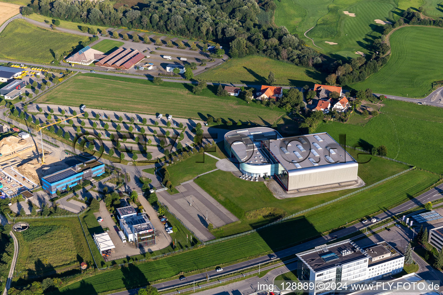 Aerial view of Museum building of the Erwin Hymer Museum of Camper-Vans in Bad Waldsee in the state Baden-Wuerttemberg, Germany