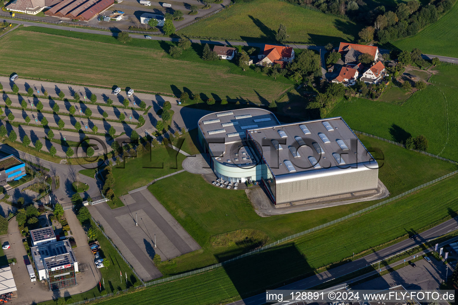 Aerial view of Erwin Hymer Museum in the district Hopfenweiler in Bad Waldsee in the state Baden-Wuerttemberg, Germany